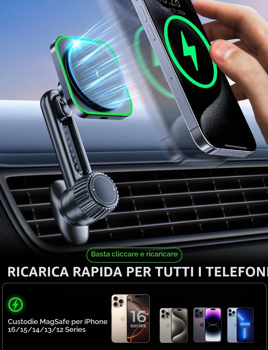 Caricatore Ricarica Wireless Auto 15W for Magsafe, Supporto Magnetico Telefono Auto Wireless，Porta Cellulare Auto Ricarica Wireless per iPhone 12/13/14/15 Pro/Max/Plus/Mini serie