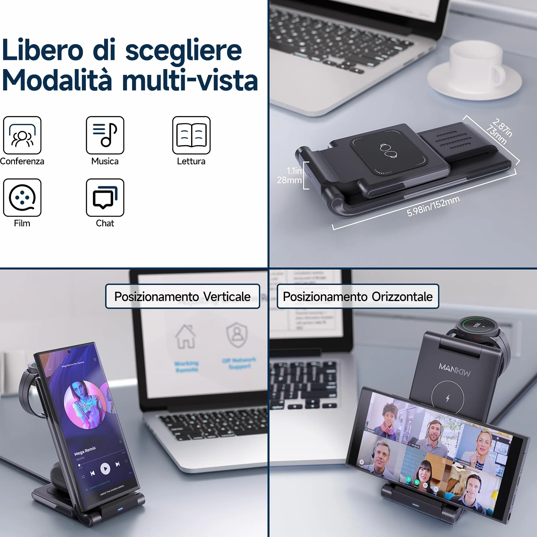 Stazione Ricarica per Samsung, MANKIW Pieghevole 3 in 1 Base Ricarica Wireless per Samsung S25/S24/S23/S22/S21/S20, Z Fold 6/5/4/3, Note20/10 Ultra, Watch 7/6/5/4/3/Active, Buds2/+/Pro/Live