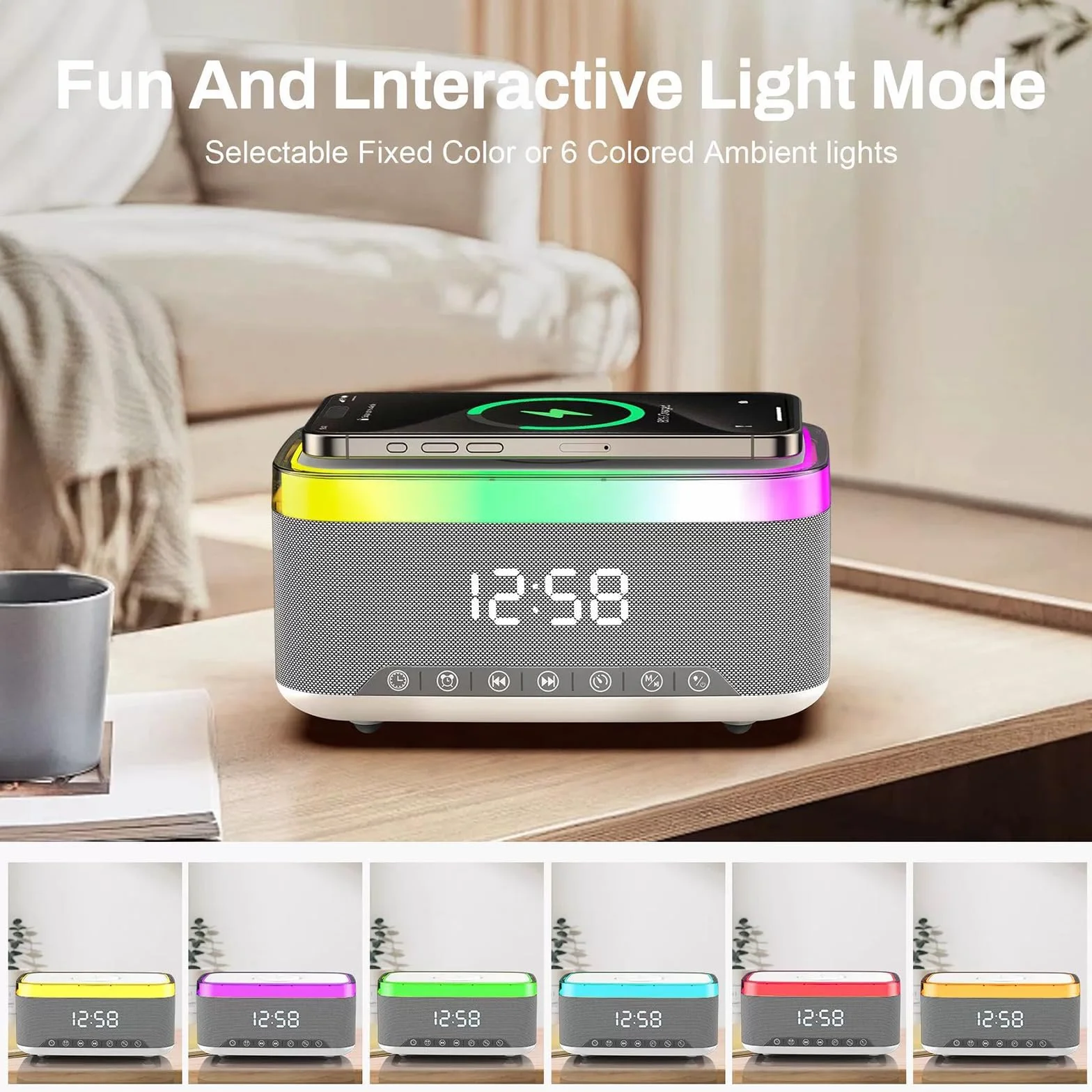 Sveglia digitale con stazione di ricarica e altoparlante Bluetooth, luce notturna da 15 W, caricabatterie wireless per iPhone Samsung