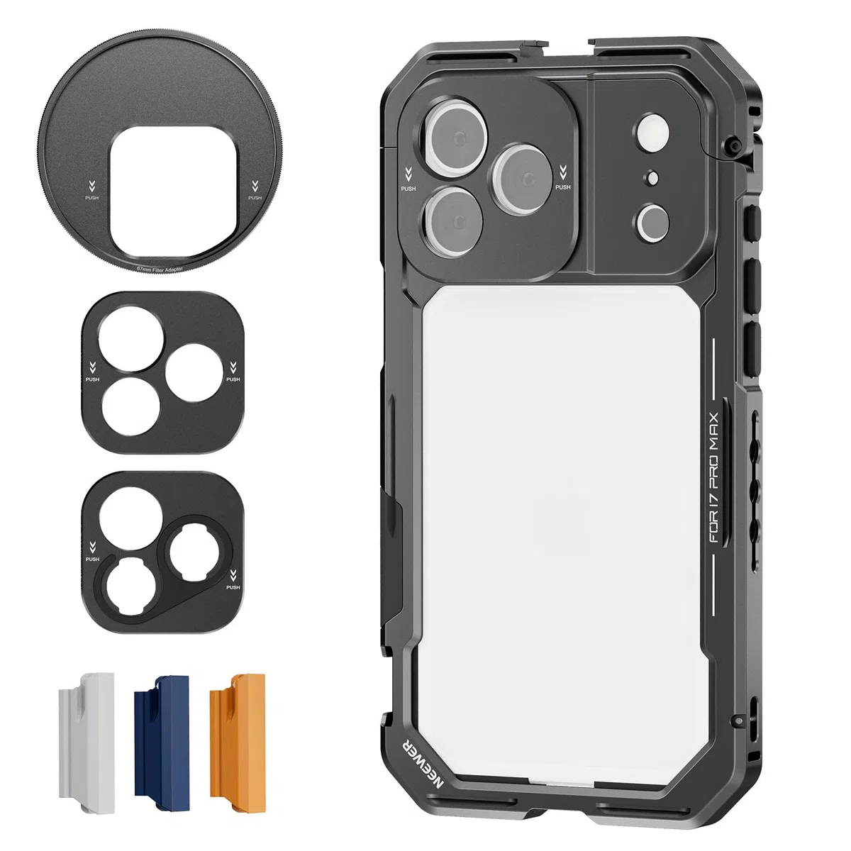 NEEWER Phone Cage Compatibile con iPhone 17 Pro Max, Accessorio Stabilizzatore Video Rig con Anello Filtro da 67mm, Backplate Lenti da 17mm, Adattatore T Mount, 4 Tappi di Controllo, PA144 (Nero)
