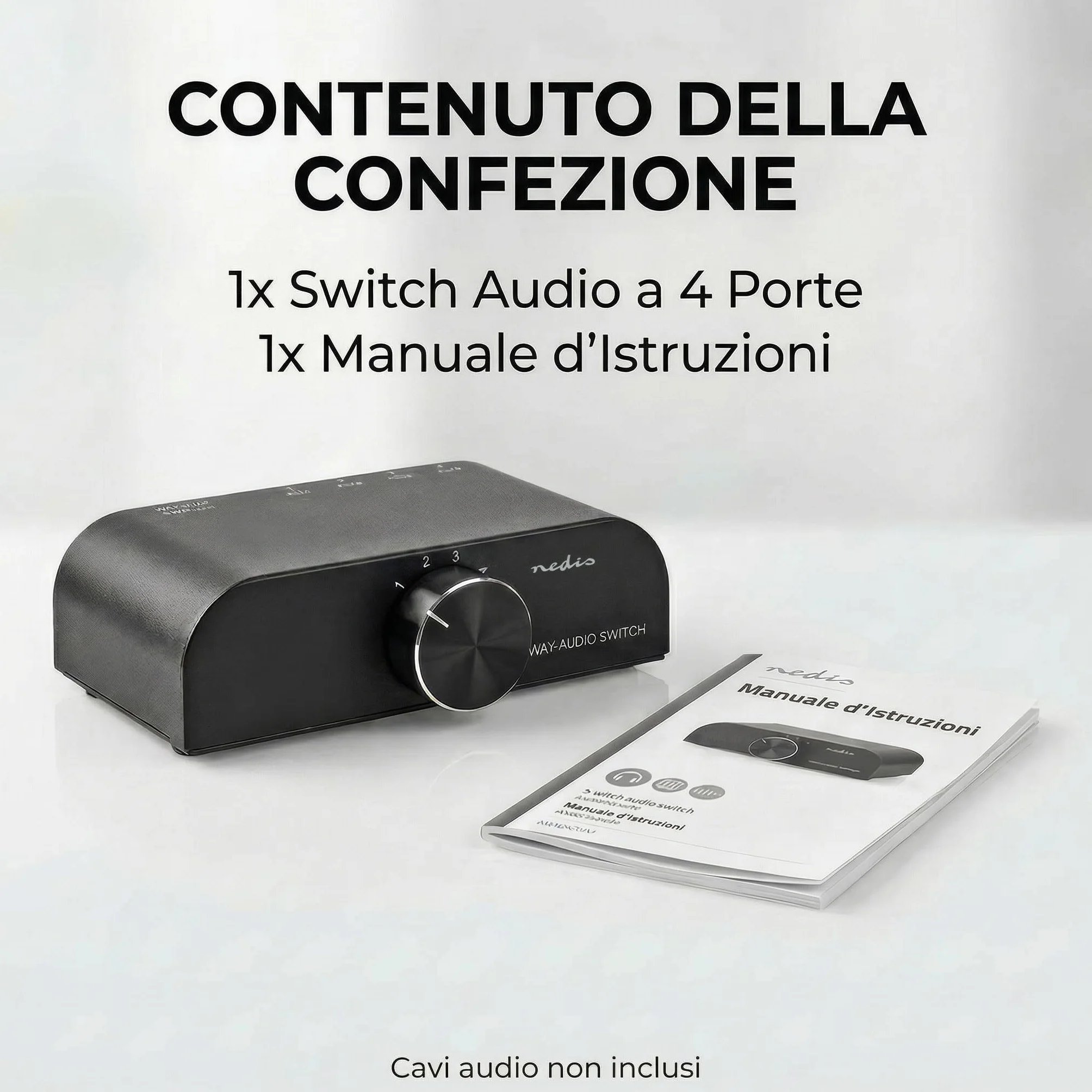Nedis Interruttore audio analogico | 4 porte porte (s) | Connettori – Ingresso: 1 ingresso audio da 3,5 mm / 3 x (2 x RCA femmina) | Connettori – Uscita: 1 x (2 x RCA femmina) | Manuale | Metallo |