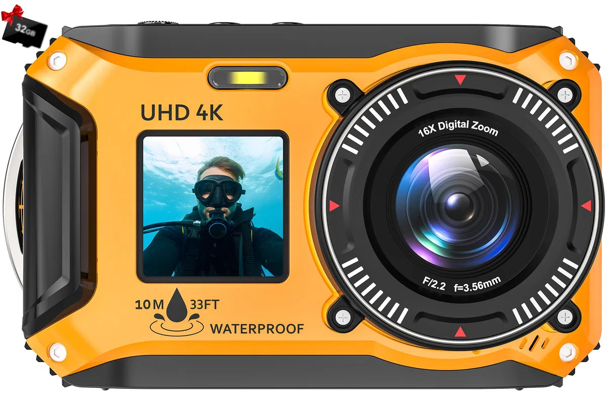 4K 56MP 33FT UHD fotocamera subacquea per snorkeling con scheda da 32 GB Dual Screen Compatta impermeabile antipolvere galleggiante fotocamera digitale autofocus impermeabile 1500 mAh