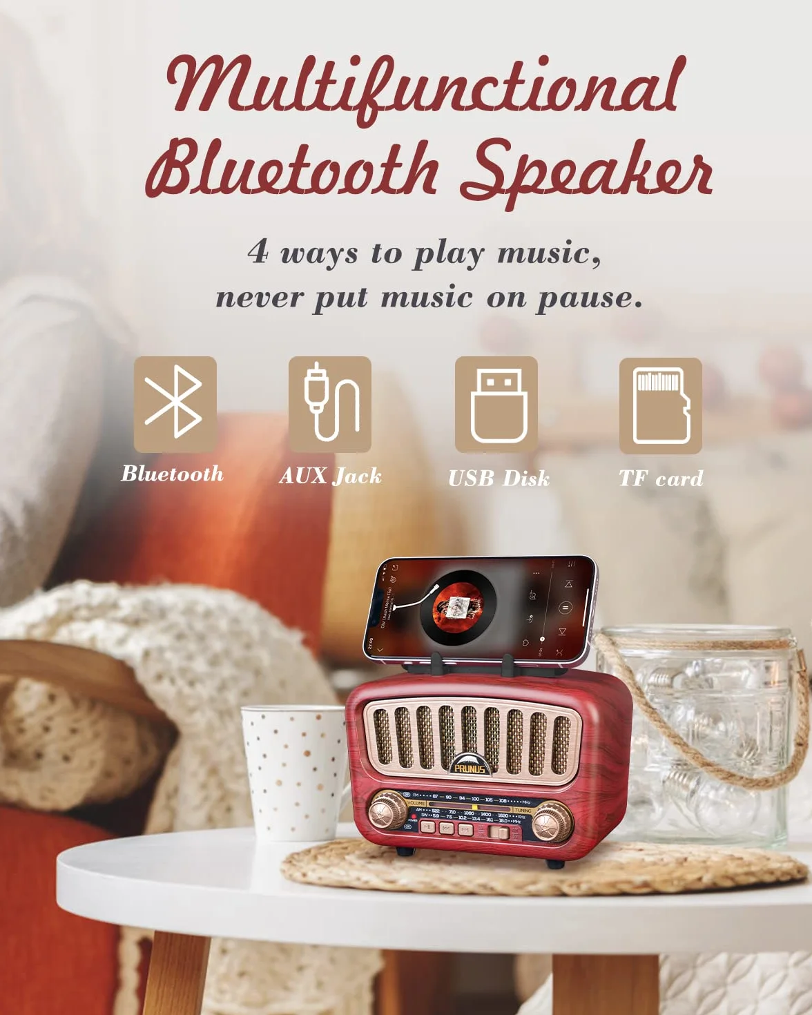 PRUNUS J-180 Radio Portatile FM AM MW SW Bluetooth con Batteria 1800mAh, Supporta TF Card AUX USB