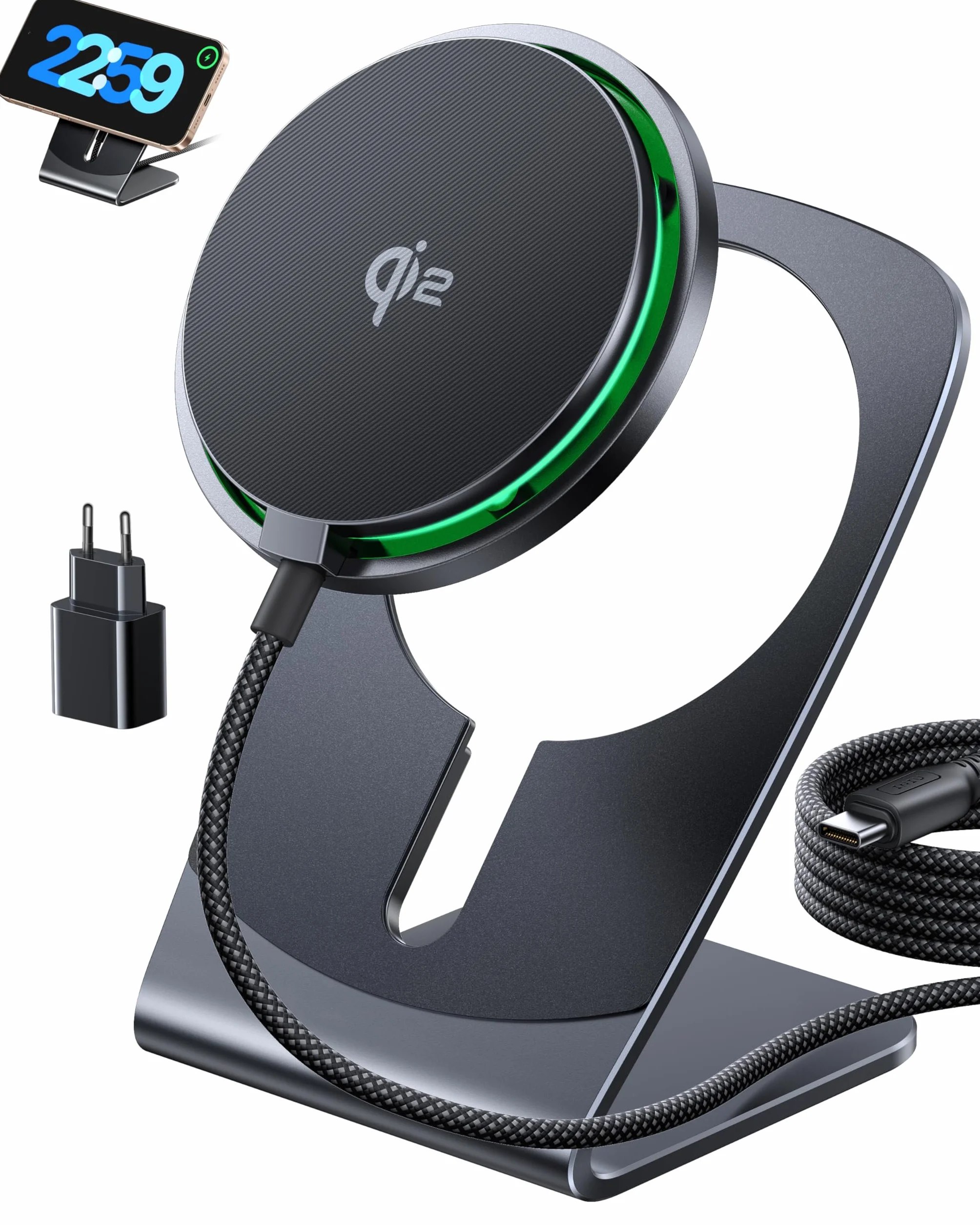 INIU Caricatore Wireless 2 in 1, 15W Certificato Qi2 Caricabatterie Magnetico, Stazione Ricarica Wireless Mag-Safe per iPhone 17 16 15 14 13 Pro Max Mini AirPods 4 3 2(con Adattatore USB C 20W)