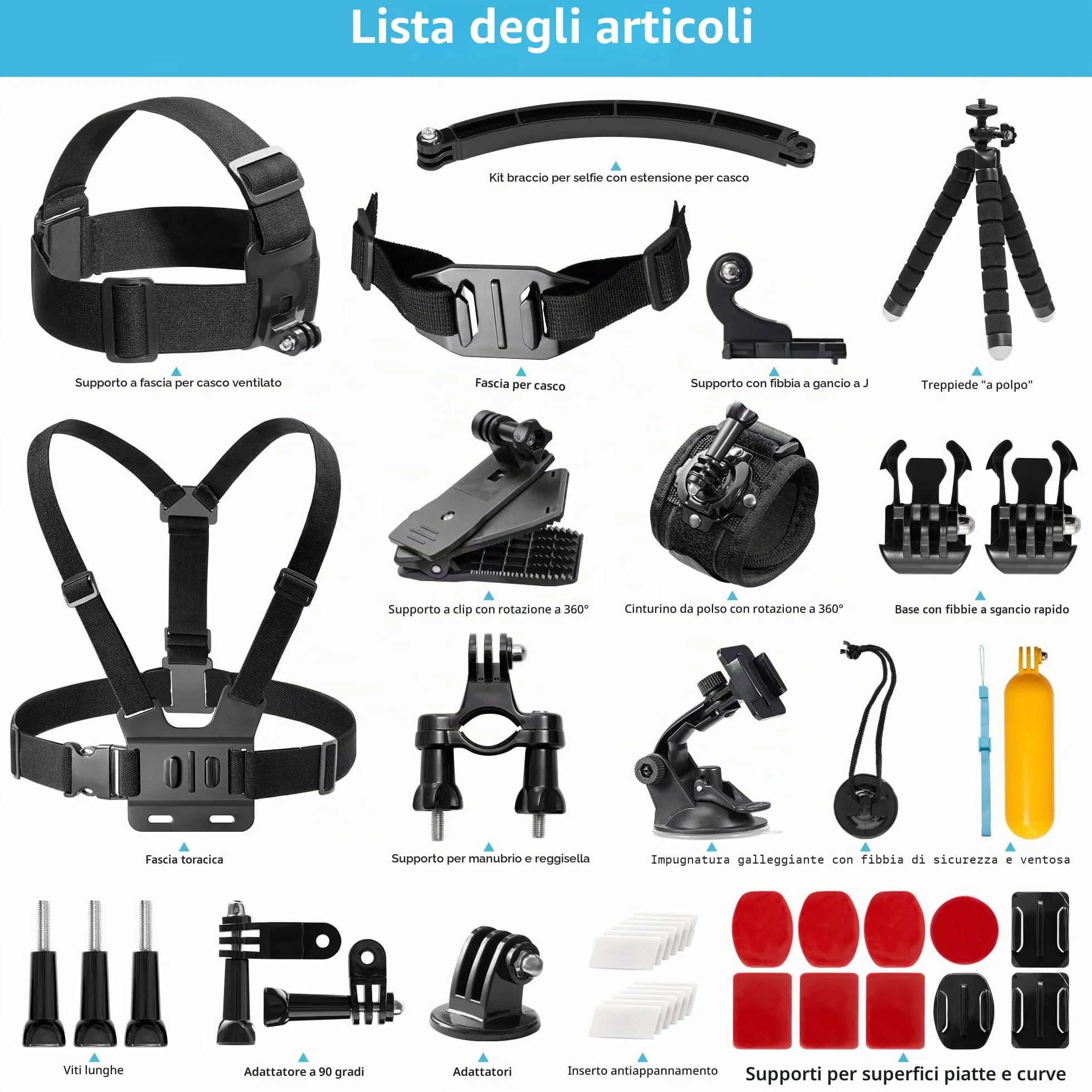 AKASO Kit di Accessori per Action Cam Compatibile con GoPro Hero/ Insta360 DJI Vemont Victure APEMAN COOAU WOLFANG e Altro