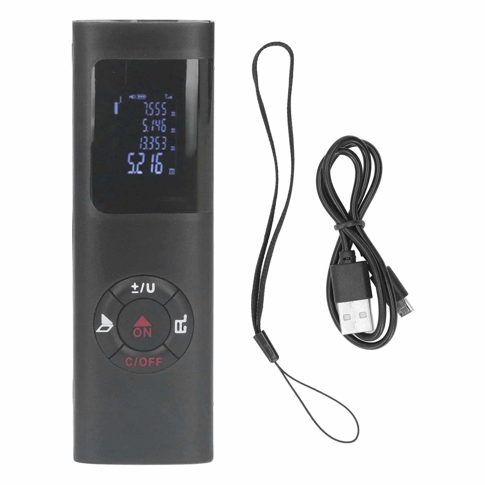 Misuratore di Distanza Portatile, Mini Telemetro 60M, IP54 Impermeabile, Batteria al Litio 3,7V, con Cavo Dati e Cordino