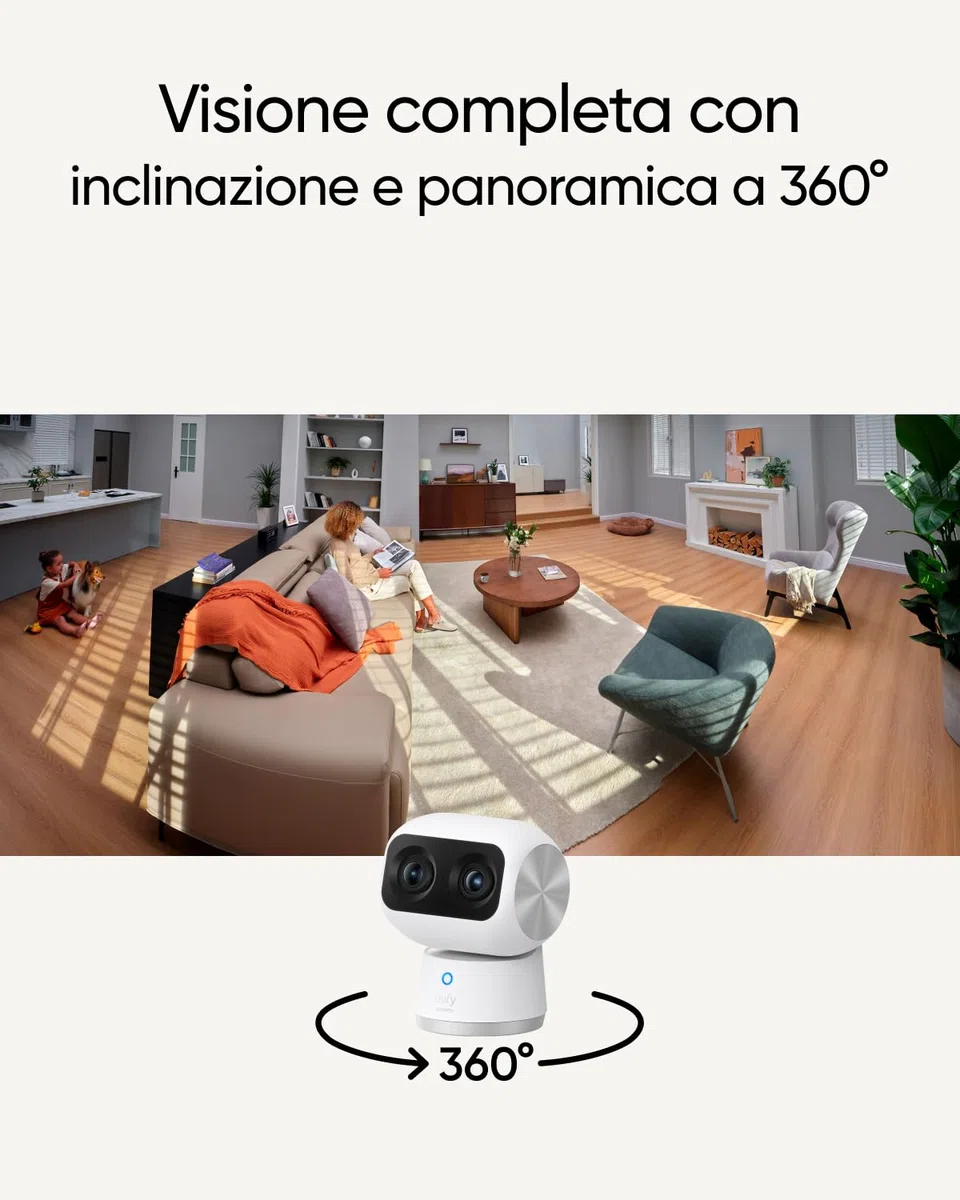 eufy Security Indoor Cam S350, telecamera con due obiettivi di sicurezza con risoluzione 4K UHD con zoom 8× e PTZ a 360°, ideale per baby monitor/telecamera per animali domestici/sicurezza domestica