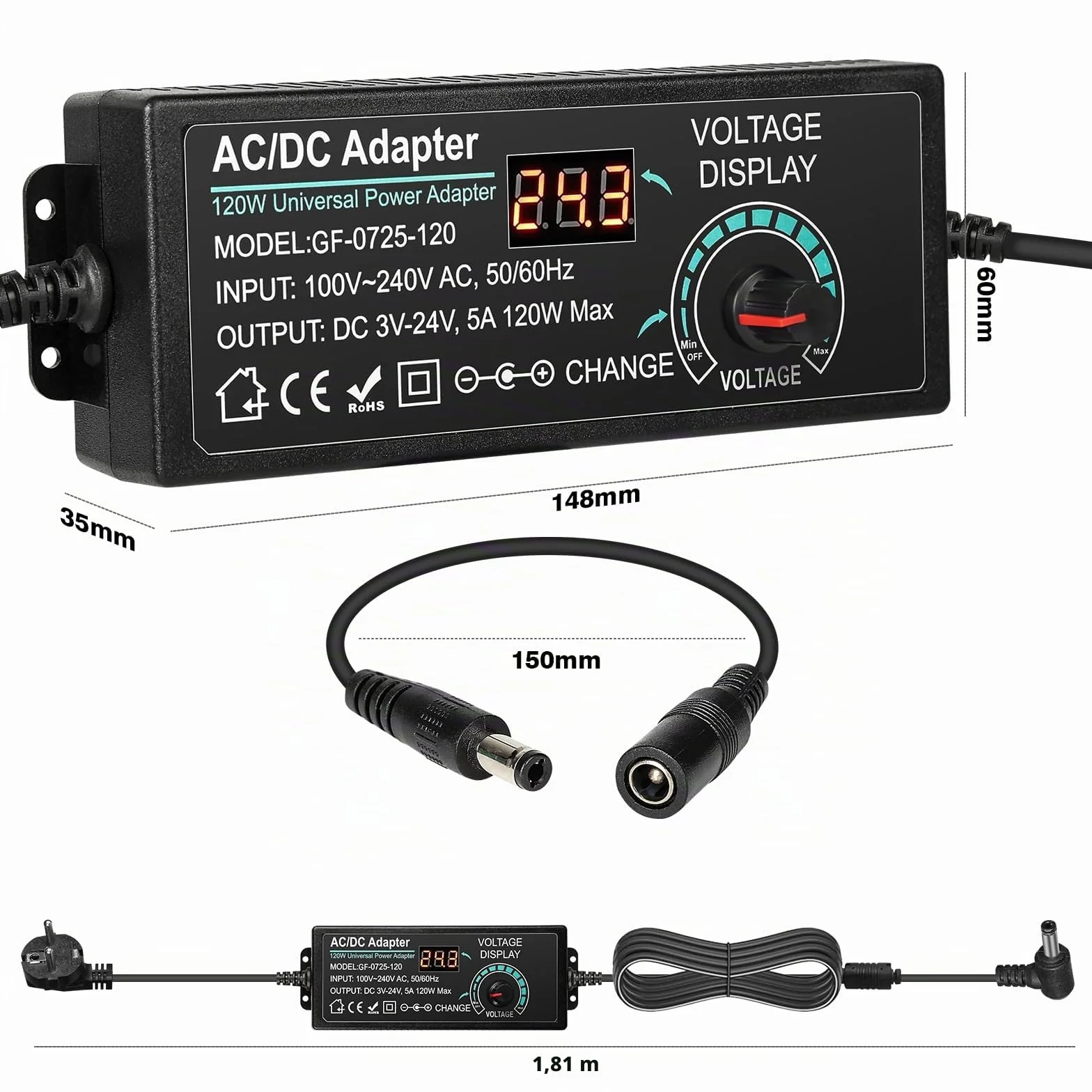 Alimentatore Universale 120W Regolabile 3V 5V 6V 12V 24V DC con USB 14 Connettori Spina Europea AC100-240V