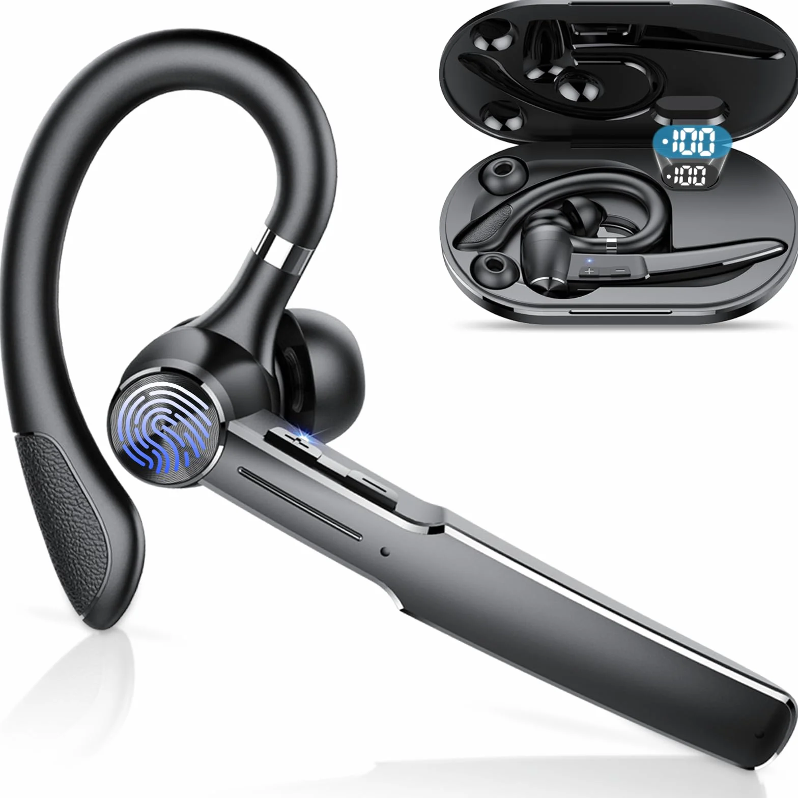 Auricolari Bluetooth V5.3, Auricolare Bluetooth Singolo con HD CVC8.0, Auricolare con 110 Ore, 4 Mics Cuffie Bluetooth Singolo con Funzione di Riduzione del Rumore, IPX7 Impermeabile/Guida/Lavoro/Nero