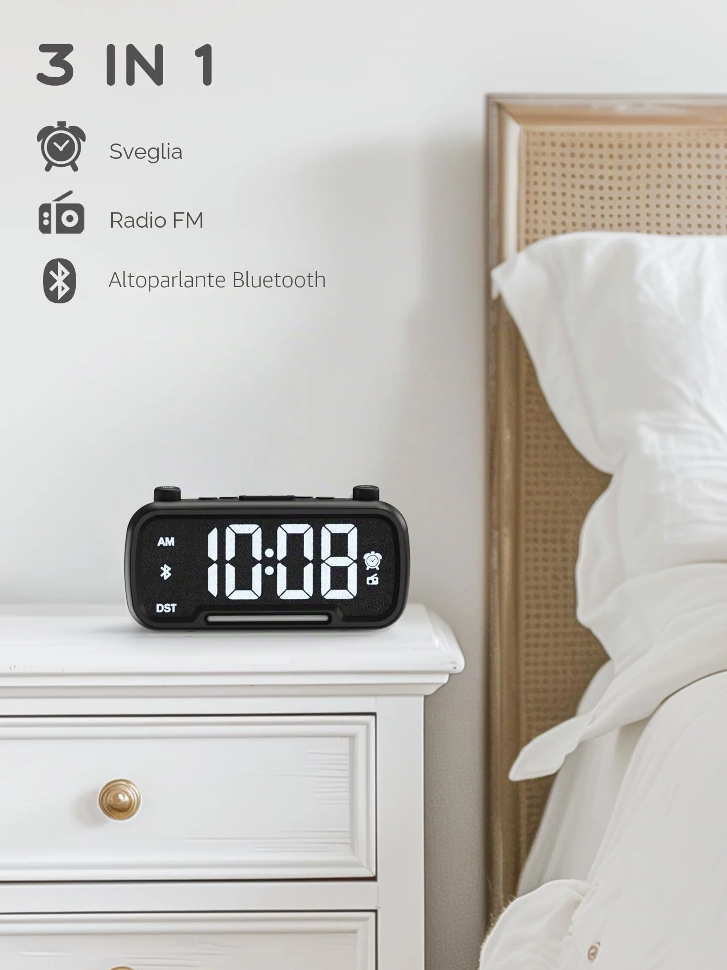 ROCAM Sveglia Digitale da Comodino Radiosveglia Orologio Digitale da Tavolo Funzionamento a rete Dimmer Luce notturna USB Tipo-C DST Batteria di Backup Radio da Cucina