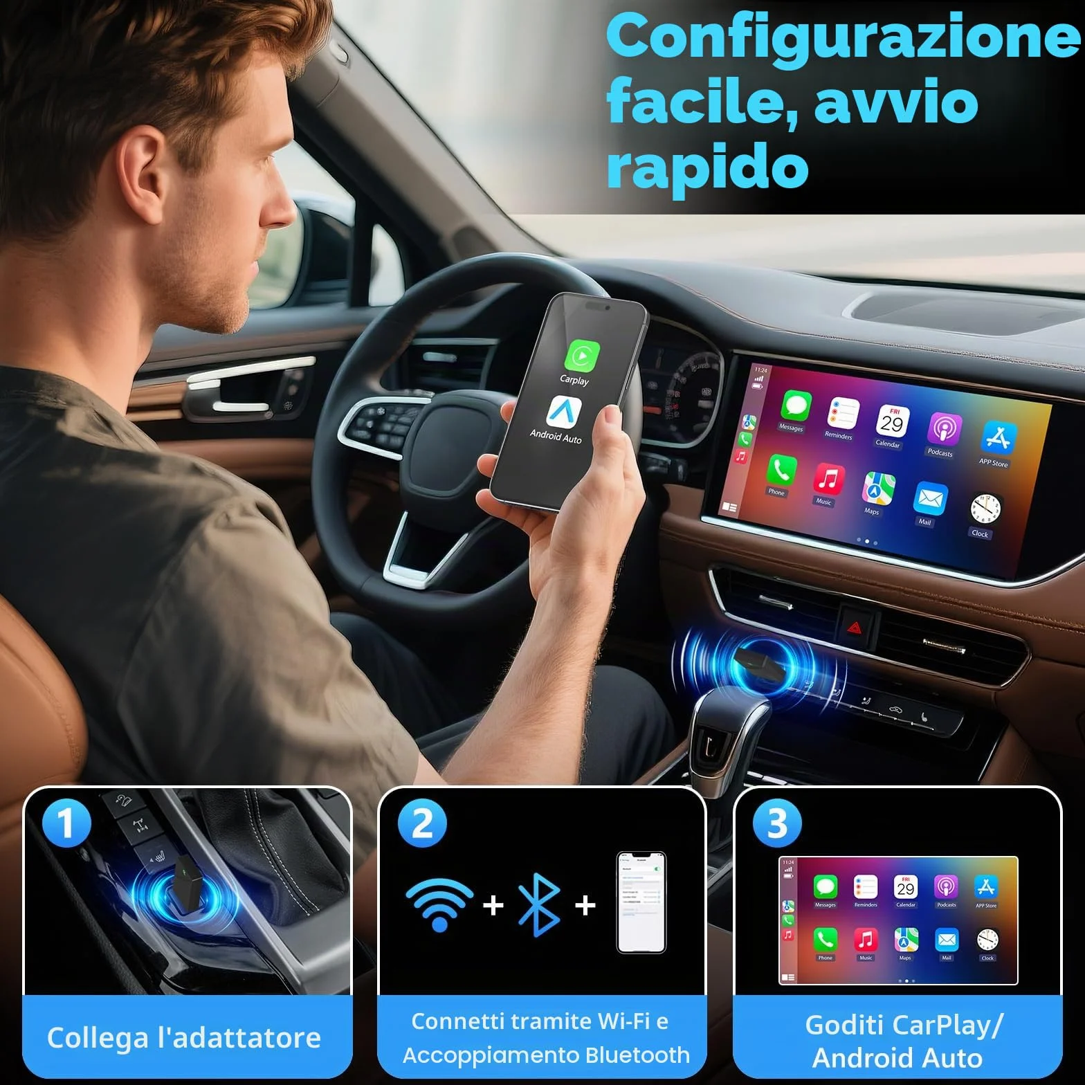 Adattatore Carplay Wireless & Android Auto Wireless 2 IN 1, Converte Android Auto/Carplay da cablato in Wire-less,Typ-C/USB Plug & Play Mini, Compatibile con iOS 10+ Android 11+