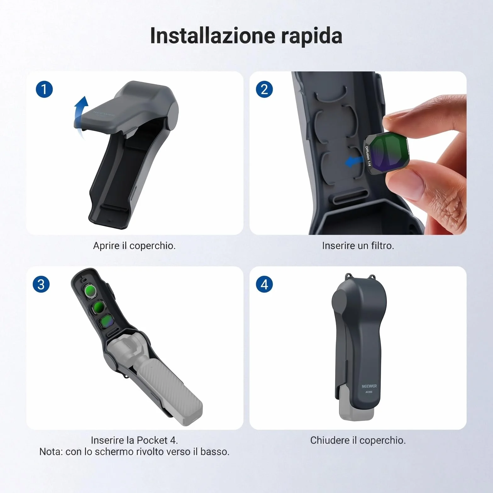 NEEWER Custodia Protettiva Compatibile con Pocket 4/3 & Xtra Muse, Cover da Viaggio con Scomparti per Filtri e Cinturino da Polso Creator Combo Accessori Action Cam, AC088 (Grigio Scuro)