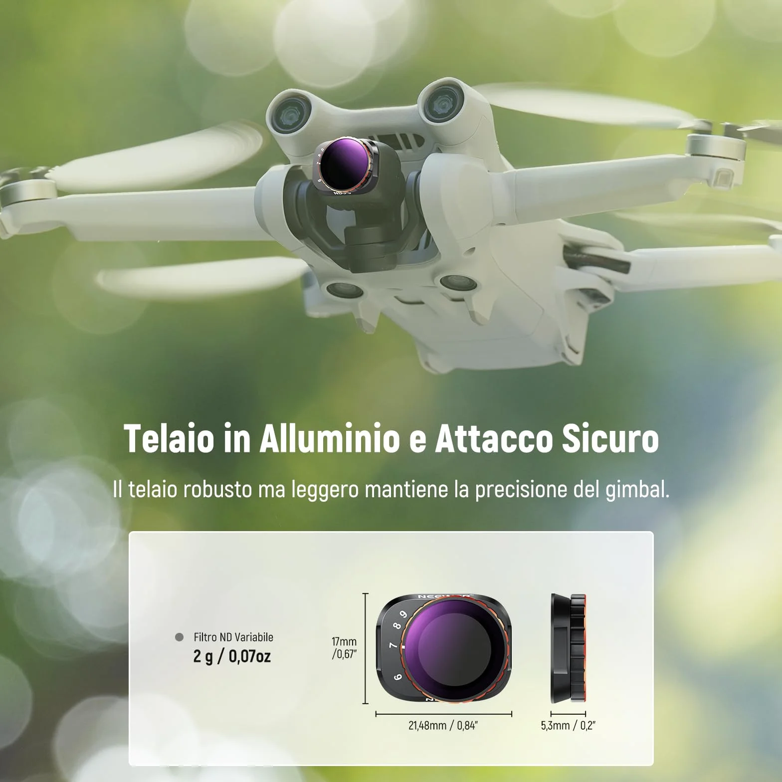 NEEWER Filtro ND Variabile Compatibile con DJI Mini 3 Pro, ND32-512 5-9 Stop a Scatto Vetro Ottico HD Multistrato Telaio Sottile in Metallo per Fotocamera Drone per Video, Accessori Fotografia Aerea