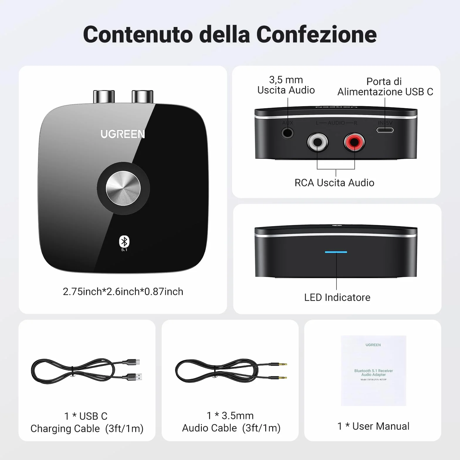 UGREEN Ricevitore Bluetooth 5.1 aptX HD Adattatore Audio 2RCA 3,5 mm HiFi EDR Bassa Latenza Wireless