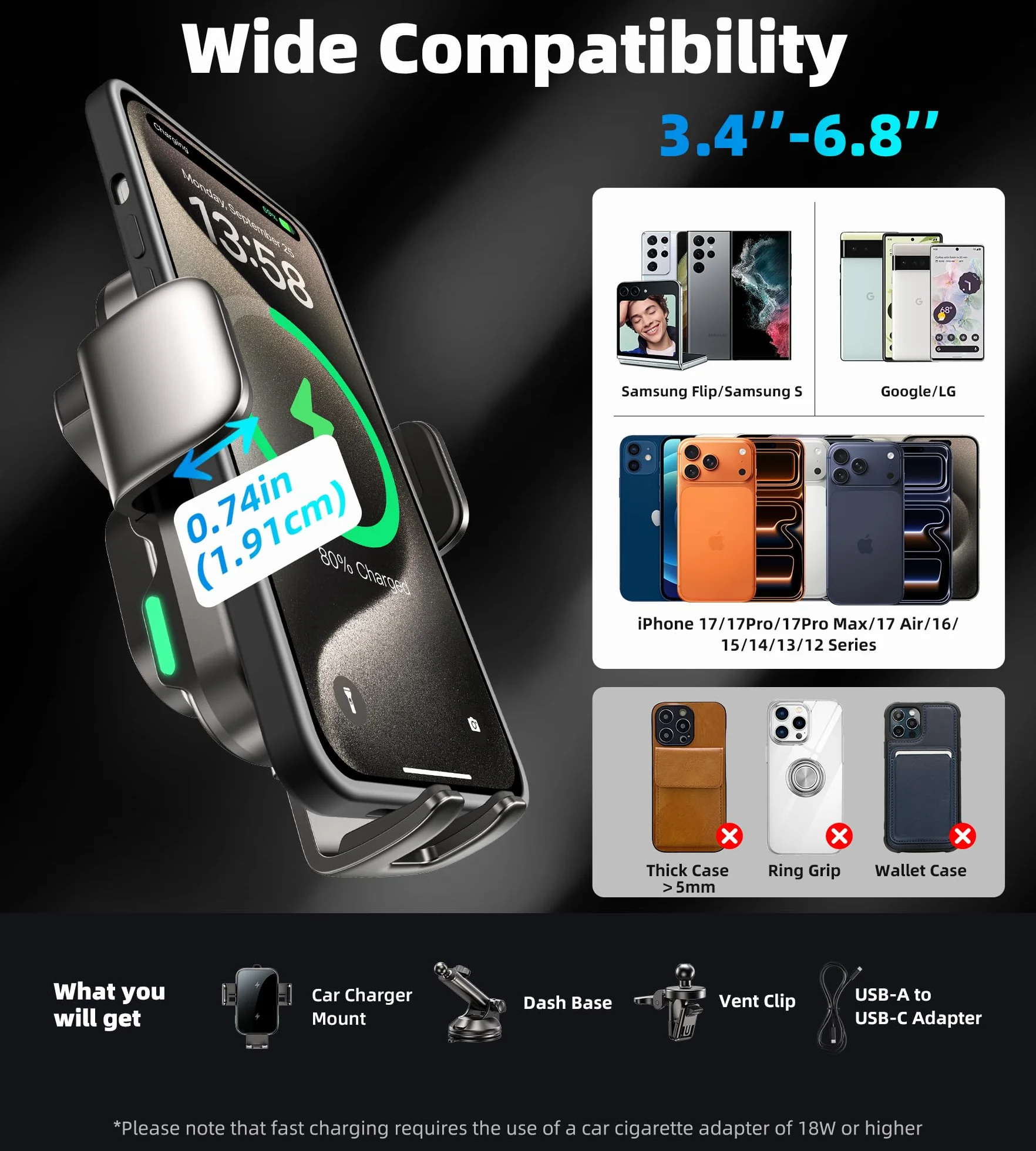 Caricatore Wireless,15W Supporto per Telefono Auto con Ricarica Wireless,Caricabatterie Da Senza Fili,Doppia Bobina,Supporto Di Ricarica Per Auto Per Samsung Galaxy,i-Phone Series (X6)