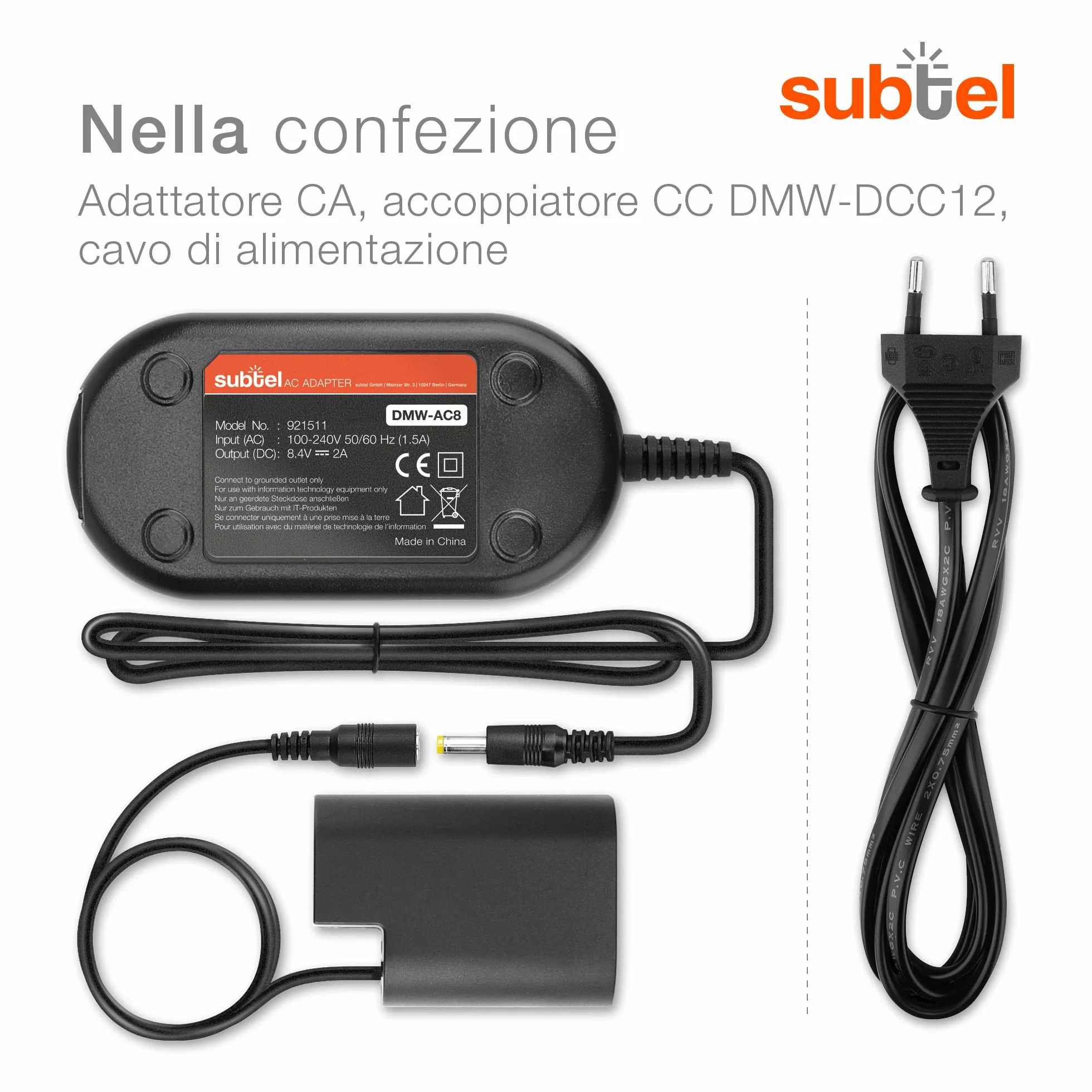 subtel Alimentatore DMW-AC8 + DMW-DCC12 compatibile con ca. 3m + DC Coupler accu Adattatore, Alimentazione da corrente di rete Accoppiatore CC, dummy battery
