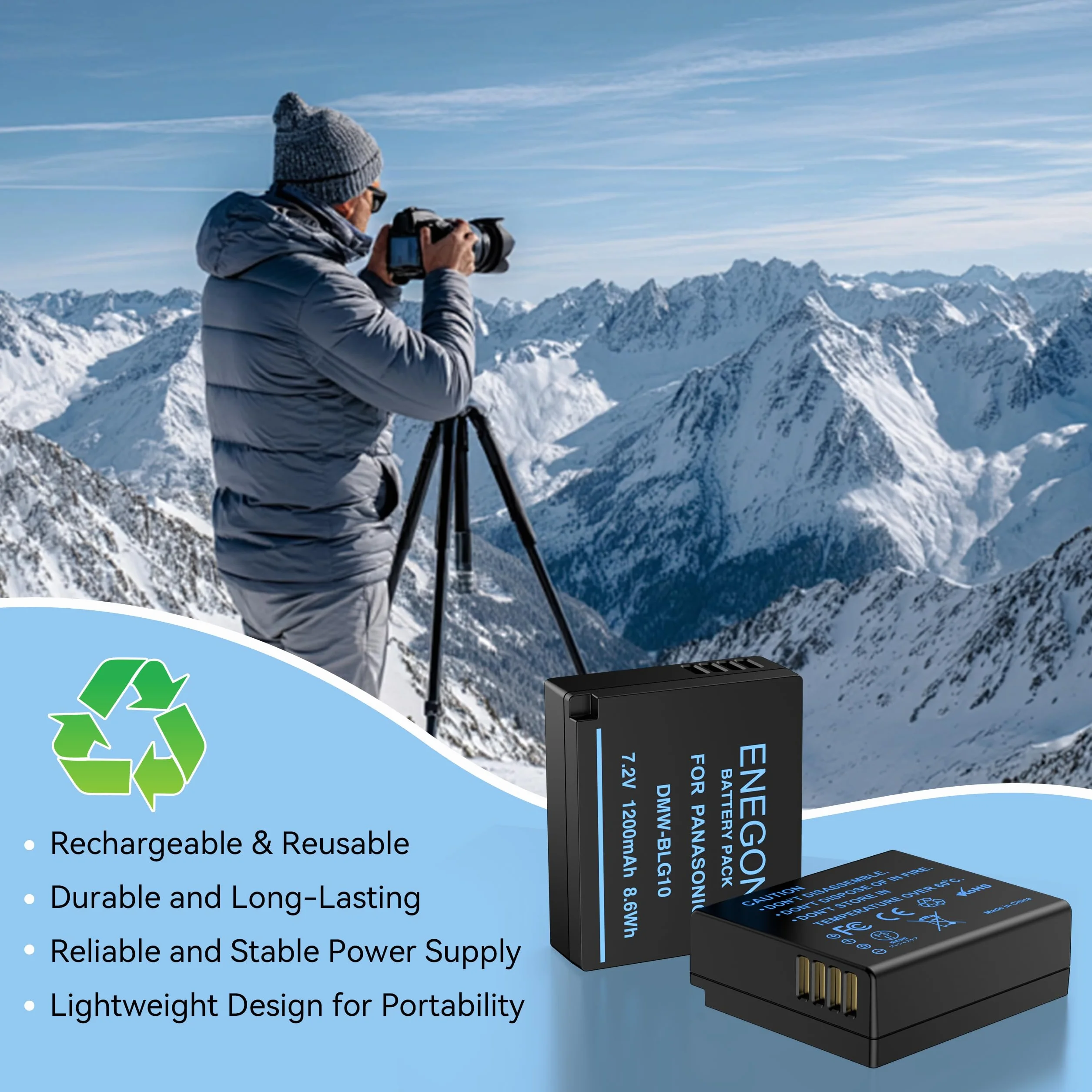 ENEGON Pack da 2 DMW-BLE9 DMW-BLG10 1200mAh Batteria e caricabatteria, cavo USB-C e display LCD, per Panasonic Lumix DC-LX100 II, TZ202, TZ101, TZ99, TZ91, TZ81, DMC-GX7, DMC-GX9, DMC-GX80, DMC-GX85