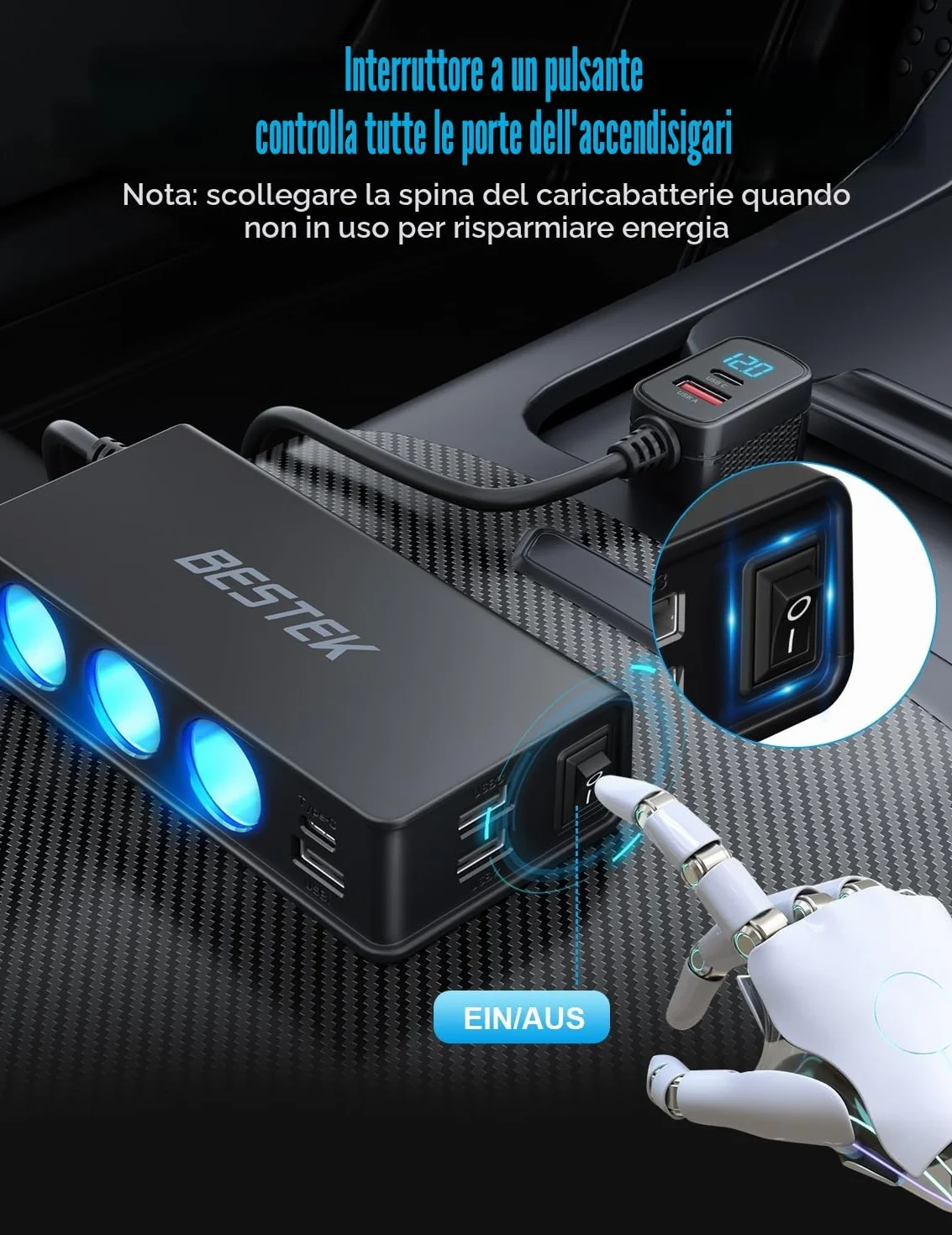 BESTEK Caricatore Auto USB-C PD USB QC3.0 Caricabatterie da Auto 148W, 9 in 1 Adattatore per Accendisigari 12V/24V con 3 Prese & 6 Porte con Display LED per iPhone Dash Cam