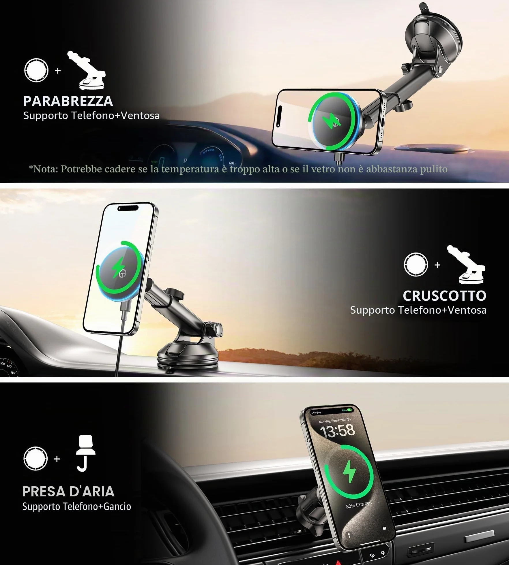Caricatore Auto Magsafe con【Luce LED】per L'allineamento Notturno Supporto Telefono Auto Magnetico, per il Parabrezza Cruscotto Prese d'aria, per i-Phone 17 16 15 14 13 12 Serie