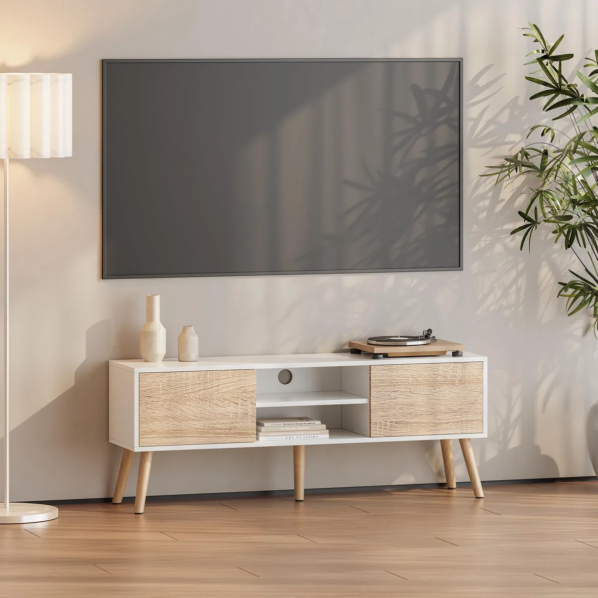 [en.casa] Mobile Porta TV a 2 Ante e Ripiani Aperti Supporto Televisore con Scomparti Chiusi Tavolo Basso Contenitore per Soggiorno Studio Corridoio 120x30x47 cm - Bianco/Effetto Rovere