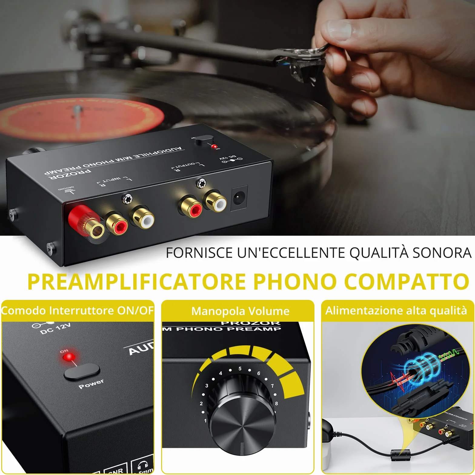 PROZOR Preamplificatore Phono Volume Regolabile Ingresso RCA Uscita RCA 1/4'' TRS PreAmp Audiophile Giradischi Nero