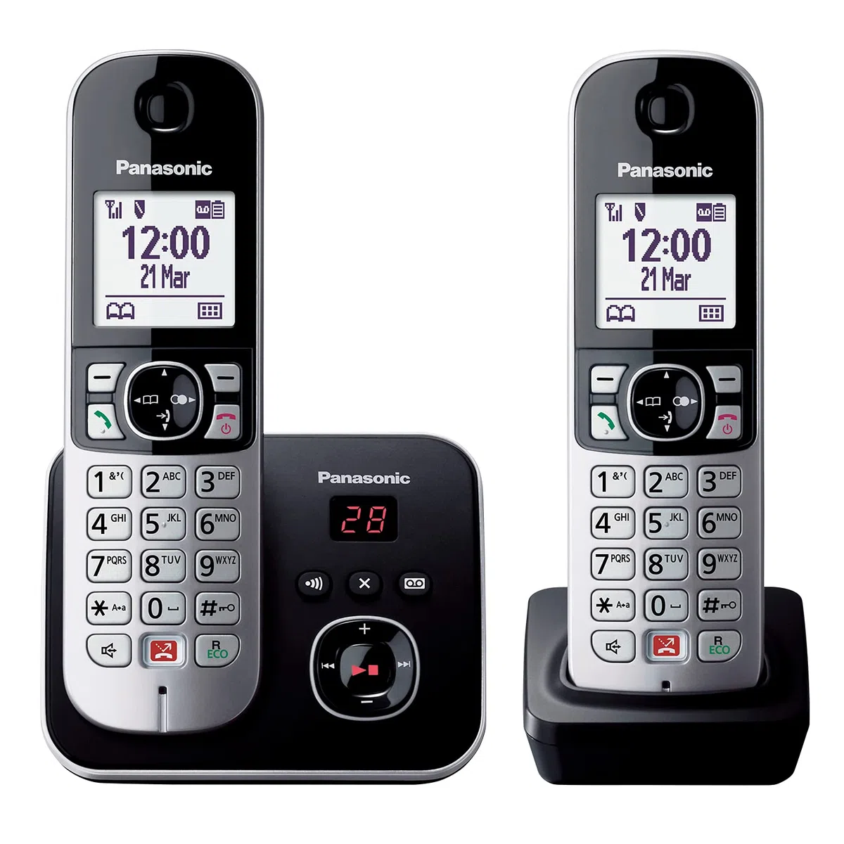 Panasonic KX-TG6862GB - Telefono wireless con 2 telefoni e segreteria telefonica (fino a 1.000 numeri di telefono, dimensione chiara del carattere, auricolare potente, vivavoce duplex) nero/argento