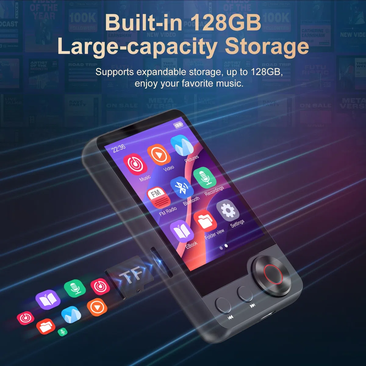 128GB Lettore MP3 con Bluetooth 5.3, Oilsky Lettore Musicale Portatile Touchscreen 2,4" con Altoparlante, MP3 con Radio FM, Registrazione Vocale, Auricolare (Grigio)