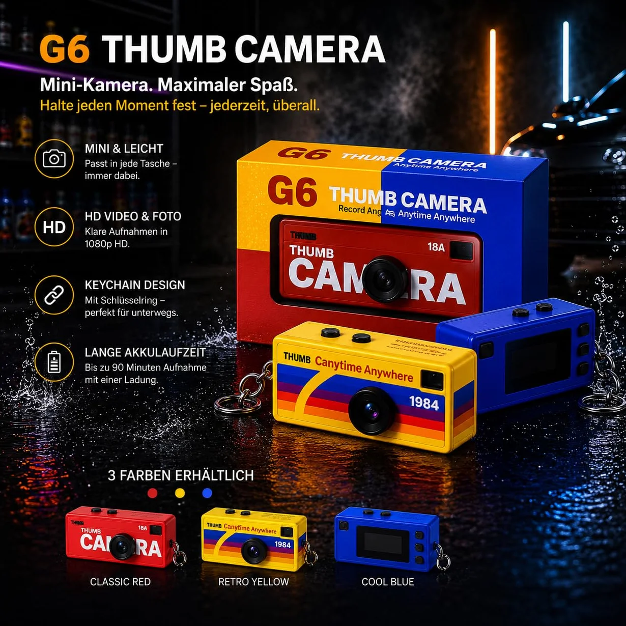 Nano Cam G6 Mini fotocamera in design retrò, portachiavi per fotocamera digitale Thumb (giallo)