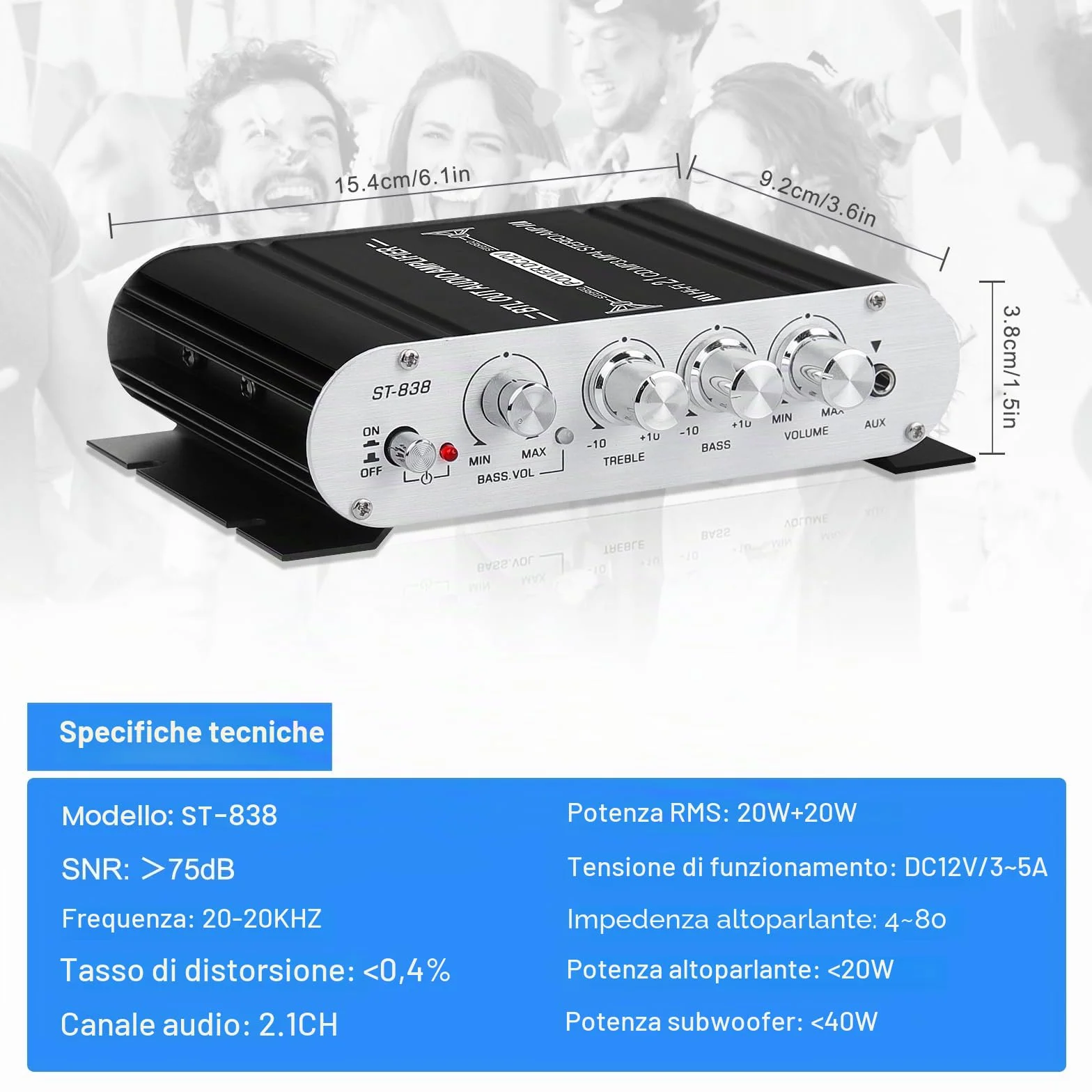 Amplificatore audio HiFi, amplificatore stereo 2.1 CH, RMS 20 Wx2+40 W ST-838 con uscita subwoofer, classe D mini amplificatore digitale con AUX per casa, altoparlante auto, nero (con adattatore di