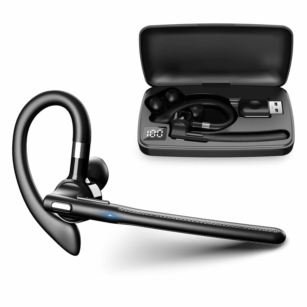 eppfun Auricolare Mono Bluetooth 5.4, Cuffia Mono Wireless con Cancellazione del Rumore Doppio Mic per Ufficio Lavoro Guida