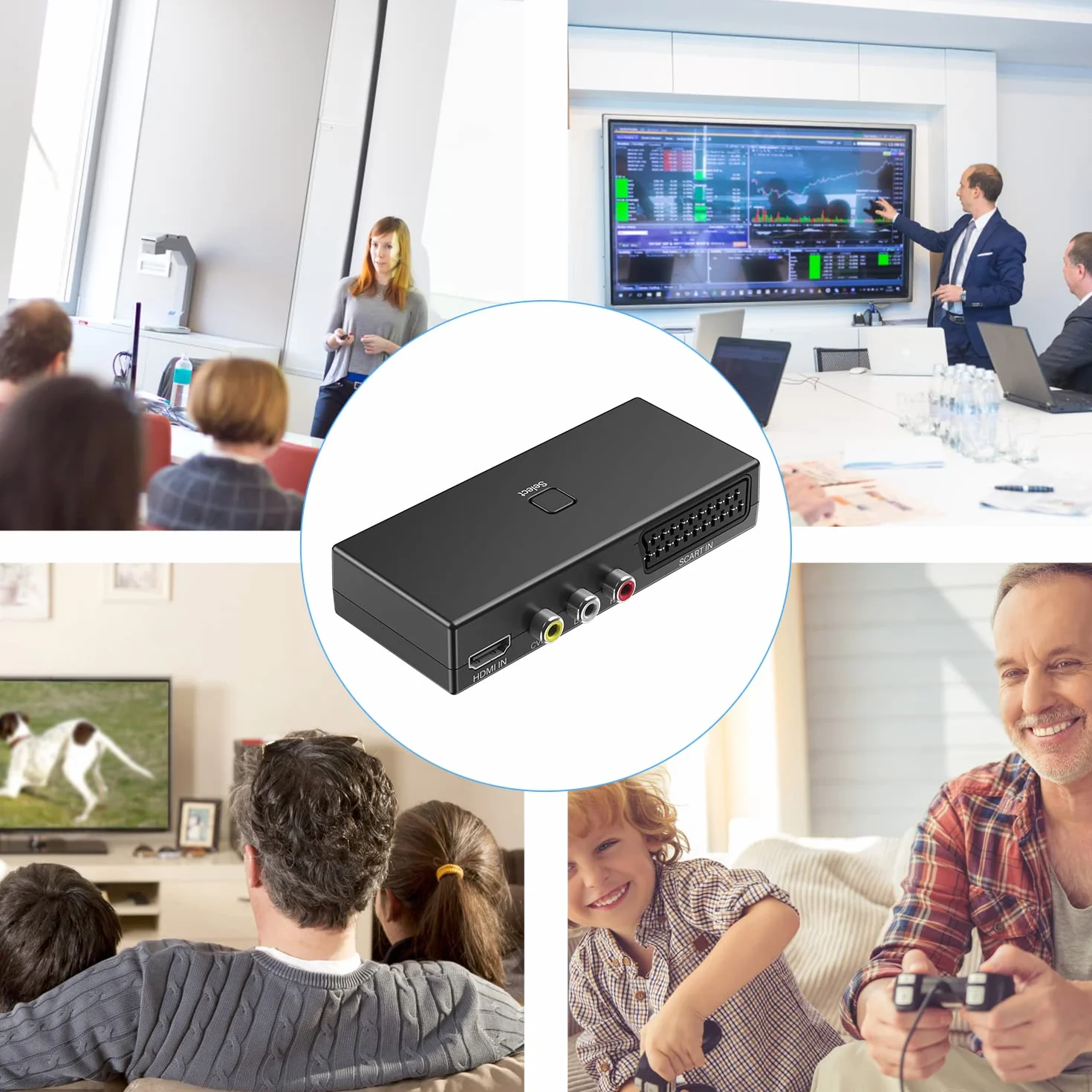 Convertitore SCART a HDMI Adattatore 3 in 1, Ingresso RCA+SCART+HDMI, Supporto 4K@30Hz 1080P per Lettori DVD VHS VCR