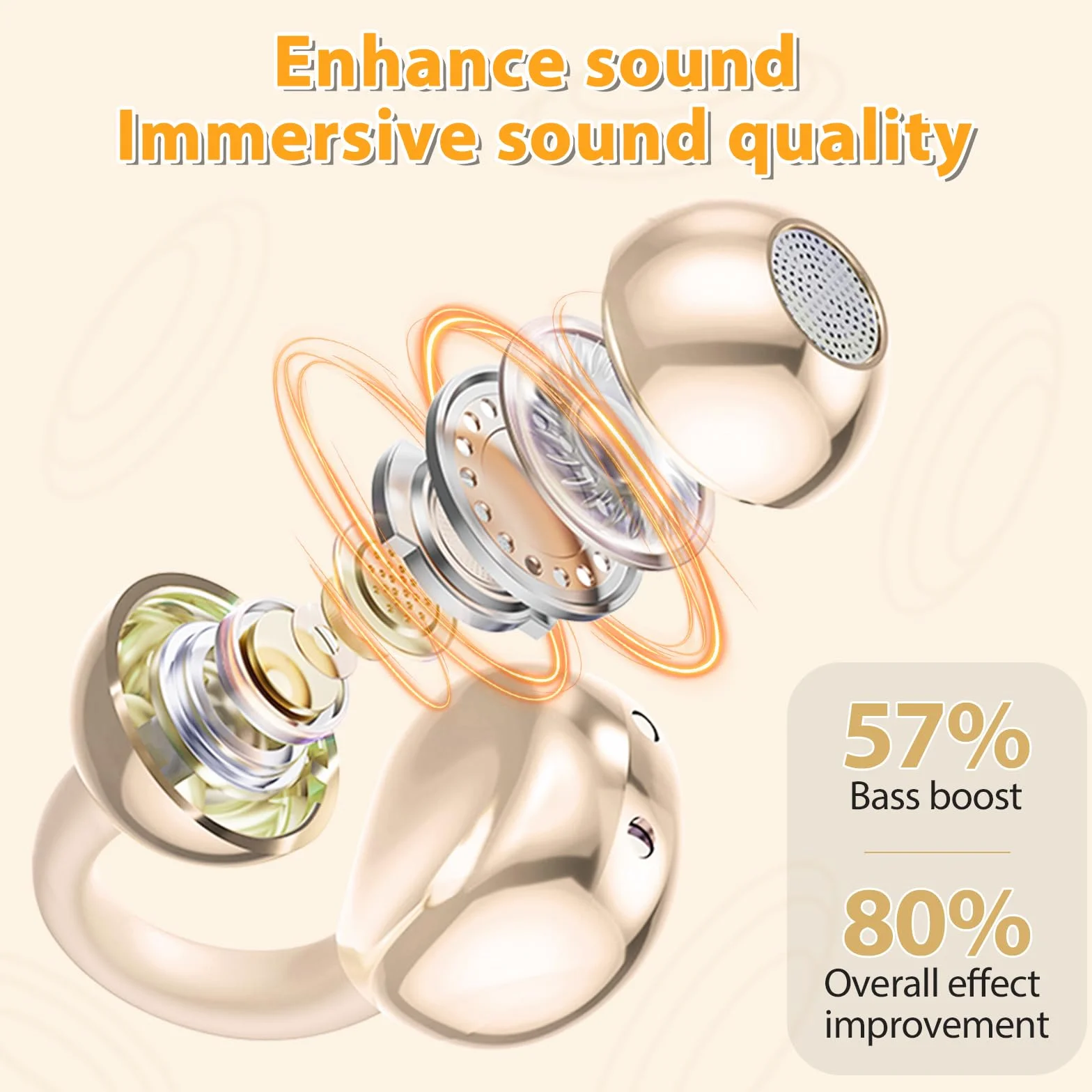 PTHTECHUS Cuffie Conduzione Ossea, Cuffia Aperte Auricolari a Clip Auricolari Bluetooth Sport Clip Aperta Cuffie In-Ear Wireless, Compatibile iOS/Android, 60 ore di Riproduzione, M91 (Oro)