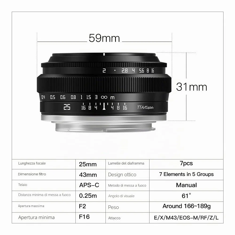 TTArtisan 25mm F2.0 APS-C Obiettivo Fotografico Manuale Portatile Economico per Ritratto, Street, Still Life - Montaggio Sony E