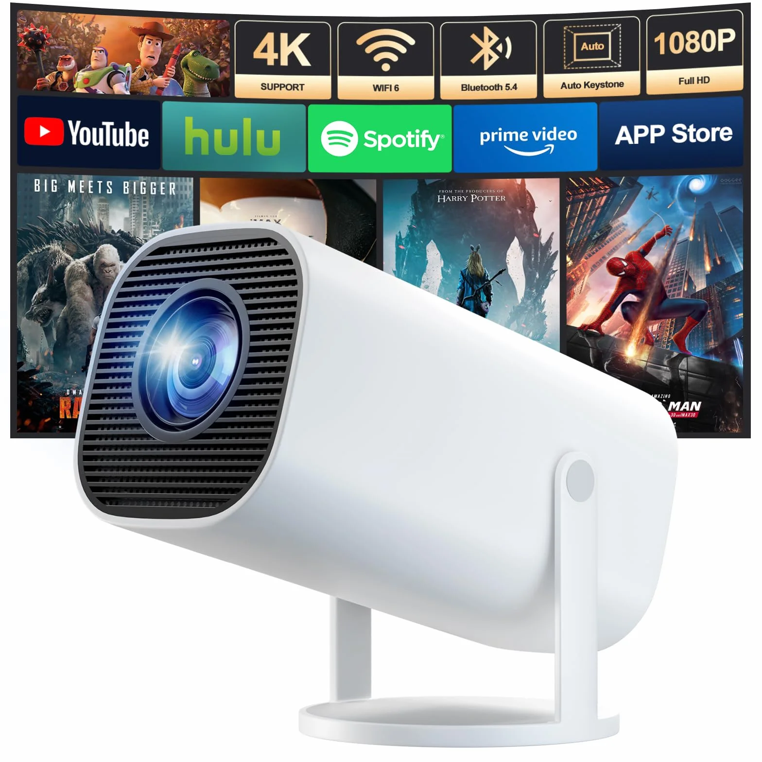 Mini Proiettore Portatile con WiFi 6 e Bluetooth 5.4, Supporta Contenuti 4K e Full HD 1080P, Correzione Trapezoidale Automatica, Rotazione di 180°, Compatibile con Laptop/HDMI/TV Stick/Memory Stick