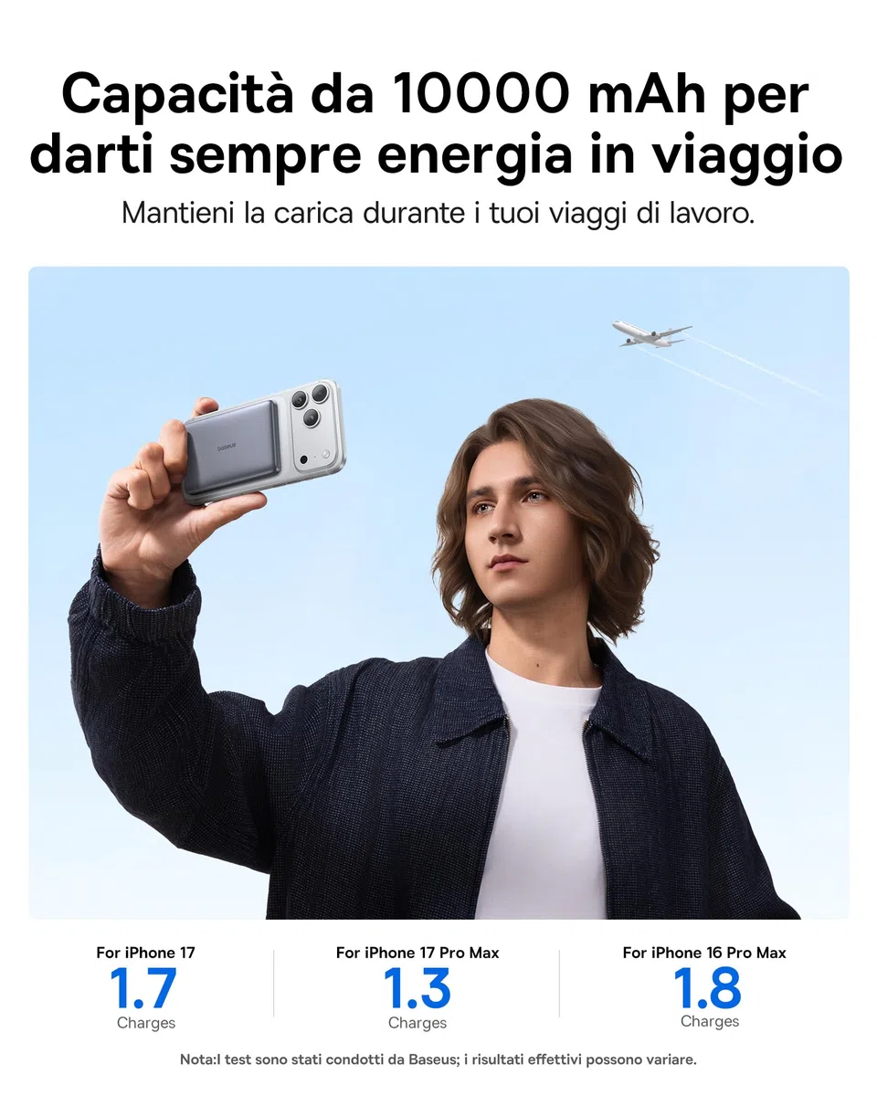 Baseus Picogo AM41 Power Bank, 10000mAh Qi2 Magsafe Powerbank 15W Wireless, Ultra Slim, Ricarica Rapida PD 27W, Magnetico Batteria Esterna per iPhone 17/16/15/14/13/12, Grigio