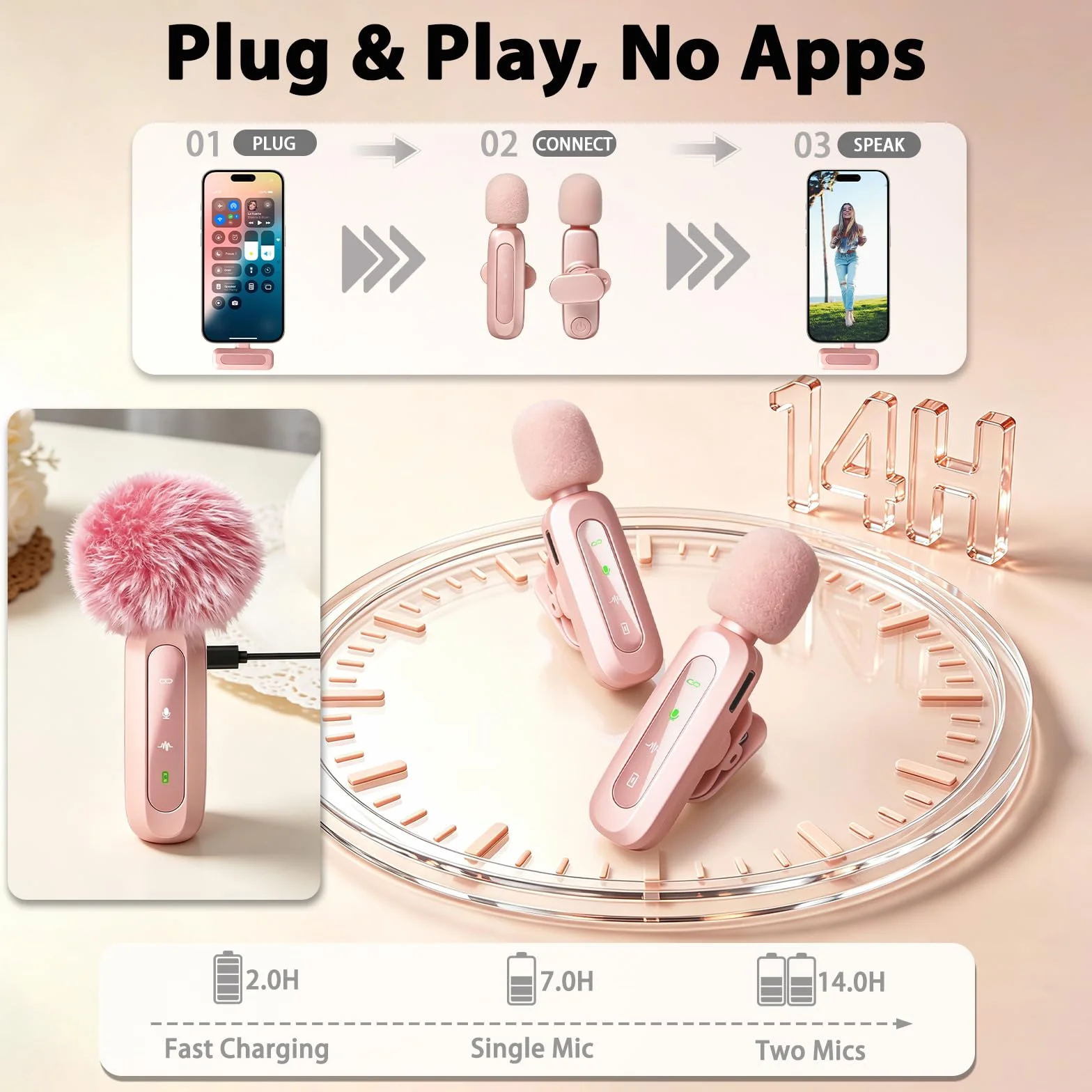 Microfono rosa per iPhone e connettore USB-C, microfono lavalier con cancellazione del rumore, display a LED e clip girevole, ideale per vlog, TikTok e creazione di contenuti