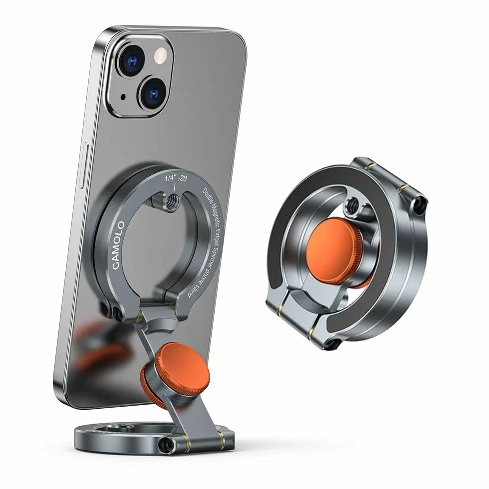 Supporto magnetico per telefono con fidget spinner, supporto a doppio anello laterale, si attacca a qualsiasi superficie di ferro, foro per vite da 1/4", compatibile con iPhone 17/16/15/14/13/12 Pro