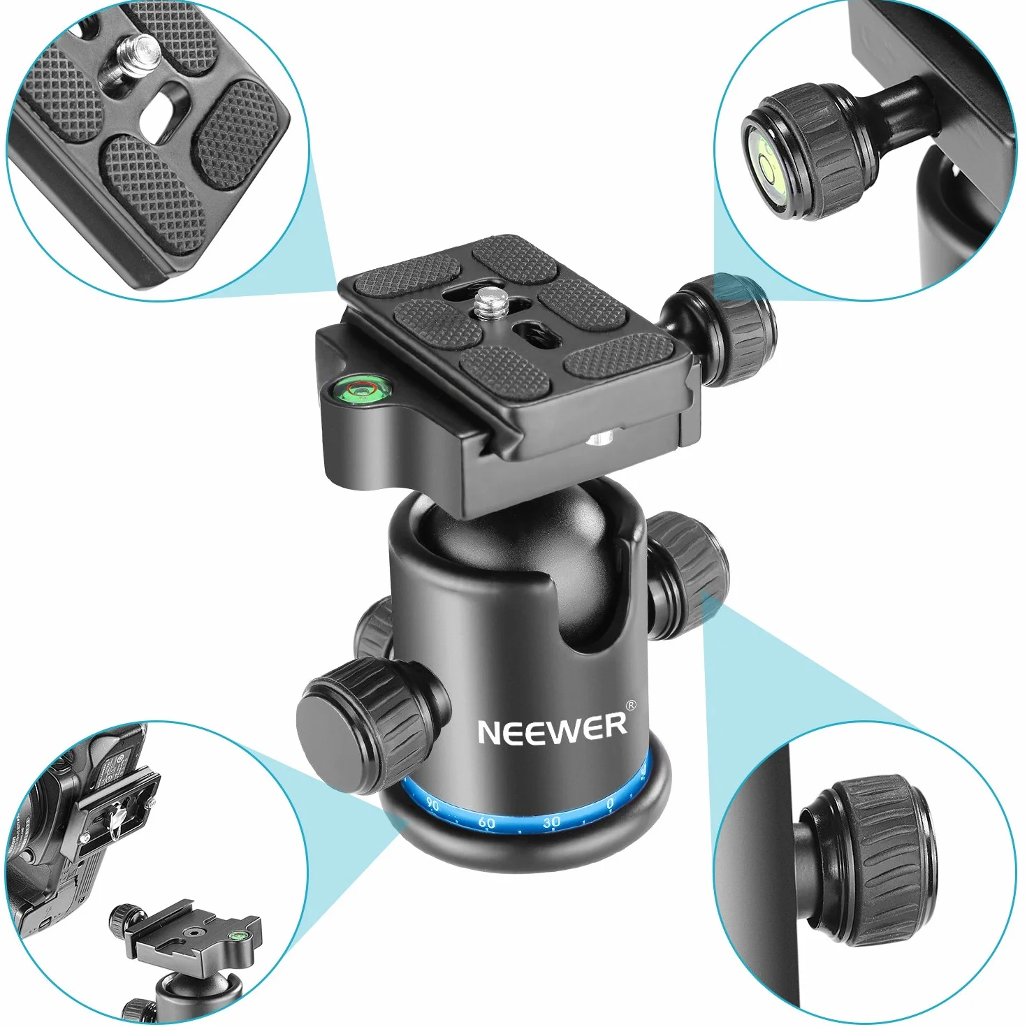 NEEWER Testa a Sfera per Treppiede 36MM Panoramica a 360° Piastra a Sgancio Rapido Arca, Vite 1/4" Filettato 3/8", Carico Massimo 17,6 lb/8 kg, per Monopiede, Fotocamera DSLR, Videocamera (Blu)