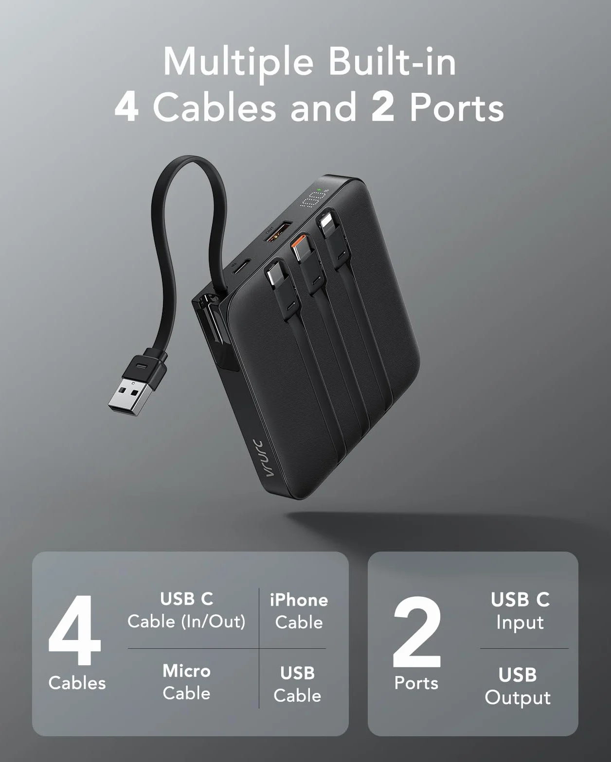 VRURC Power Bank 20000mAh, Power bank con Cavi Integrati, 22.5W Batteria USB C a Carica Rapida, Display LED per iPhone 15 14 iPad Samsung Galaxy S23 Google Android Phone - Nero