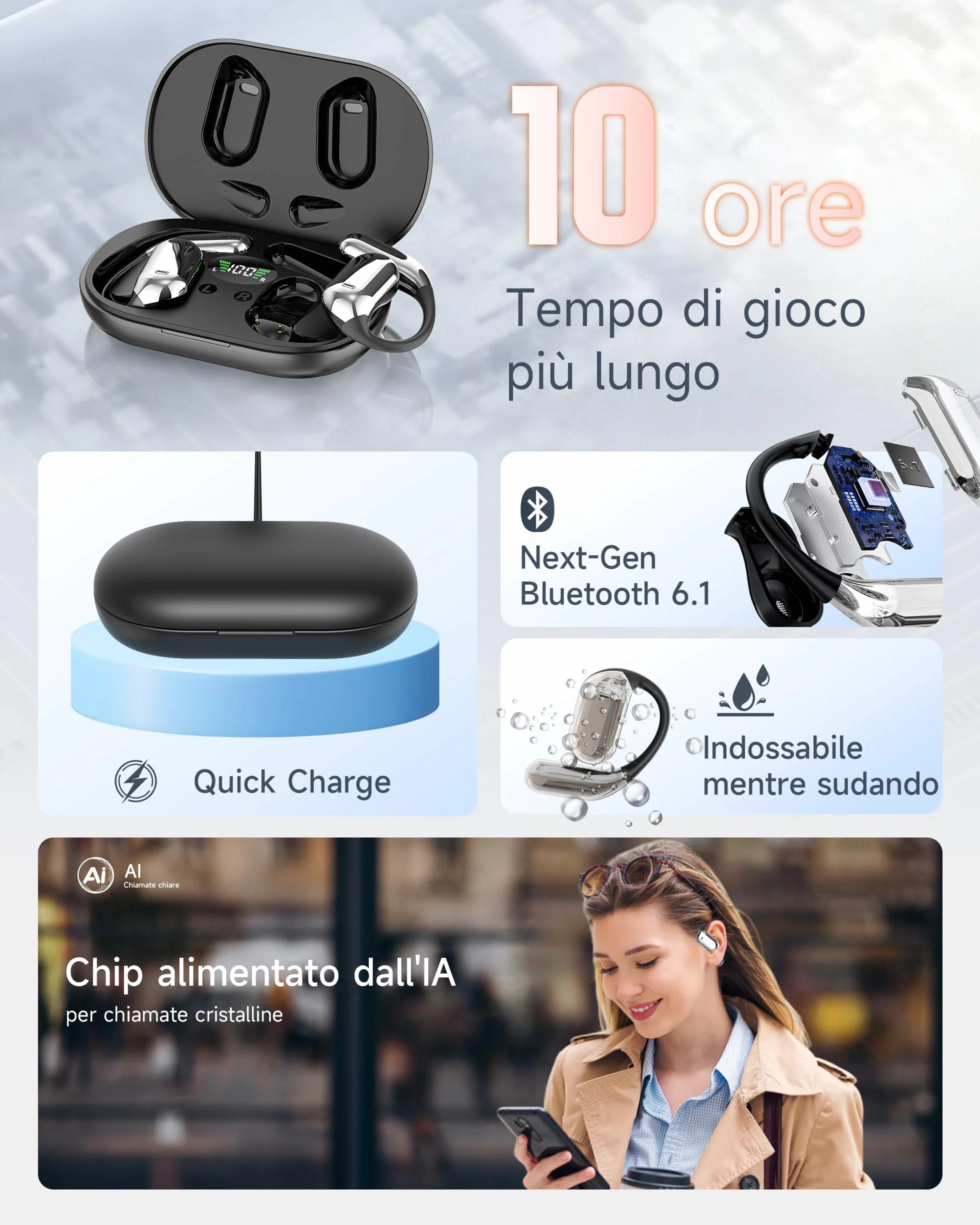 Cuffie Bluetooth Auricolari Bluetooth 5.4, Sport Cuffiette Wireless, Cuffie Open Ear 48 Ore di Riproduzione, Cuffie Senza Filo HiFi Stereo IP7 Impermeabili, Auricolare Bluetooth per iOS & Android