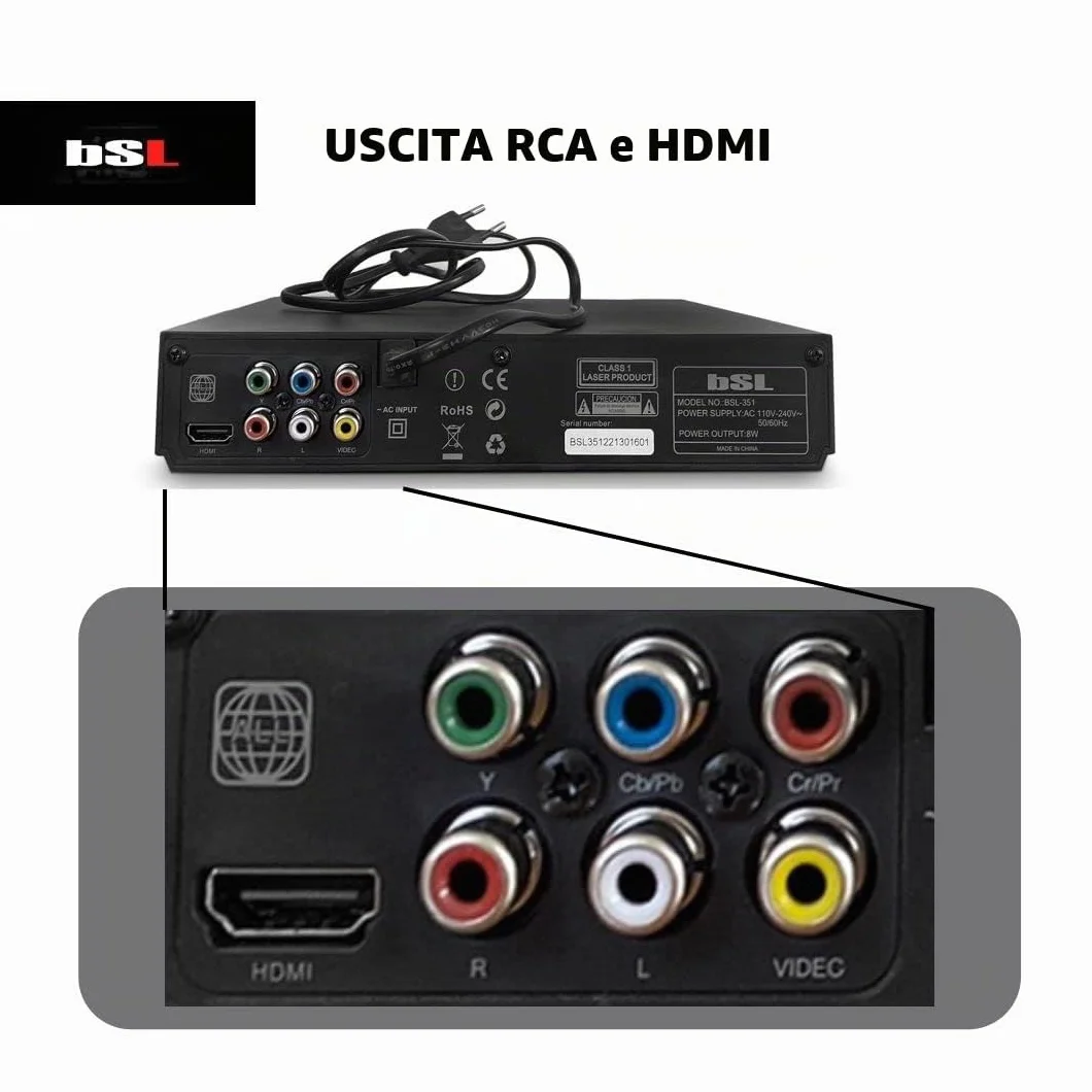 BSL-351, Lettore DVD multiformato DVD, CD, MP3, MP4, lettore USB multimediale, uscita HDMI e AV (cavo AV incluso), telecomando a distanza, per tutte le regioni