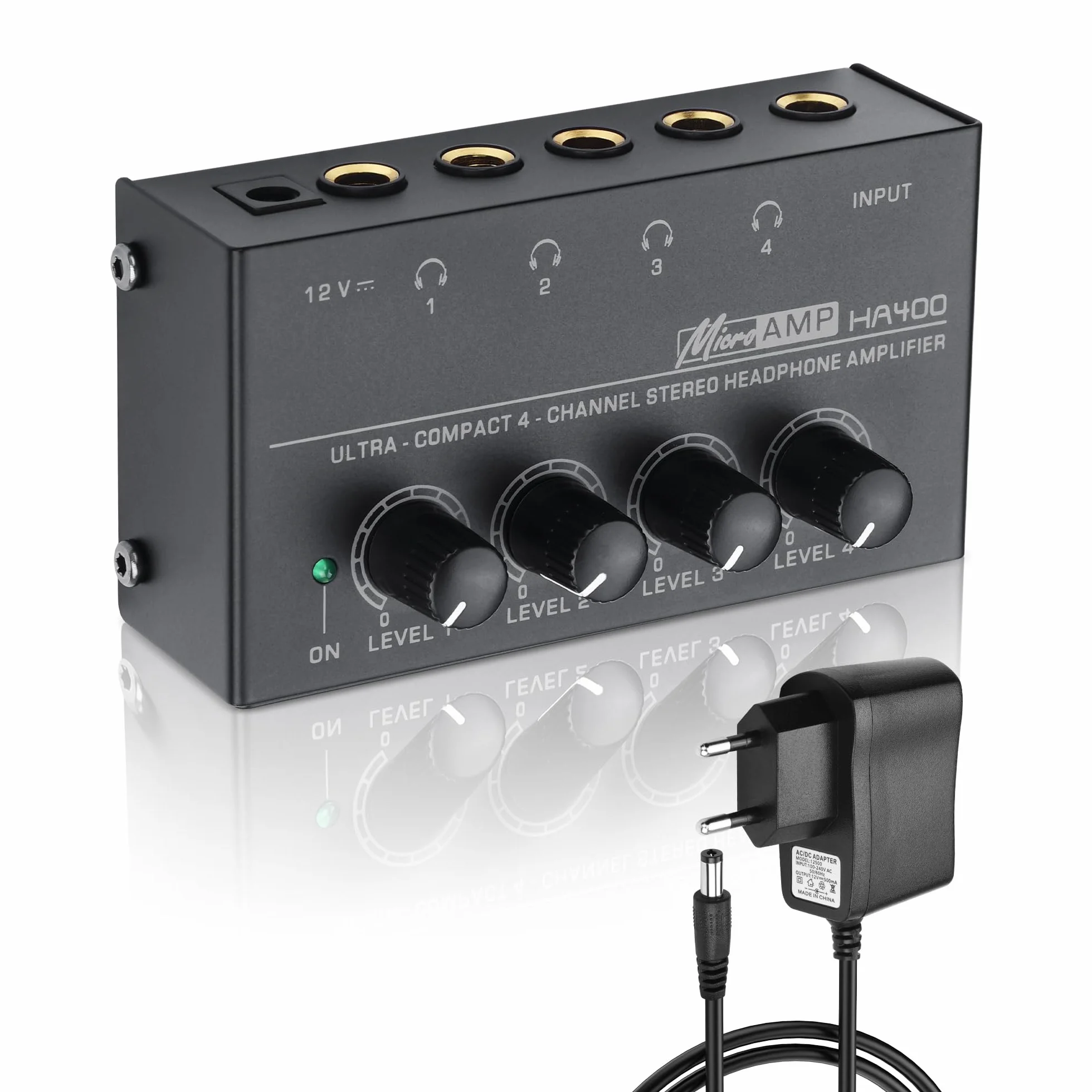 SinLoon HA400 Amplificatore per Cuffie Stereo a 4 canali, Mini Splitter Audio in Metallo con Controllo del Volume Indipendente, Uscita e Ingresso TRS da 1/4", con Adattatore 12V per Studio,