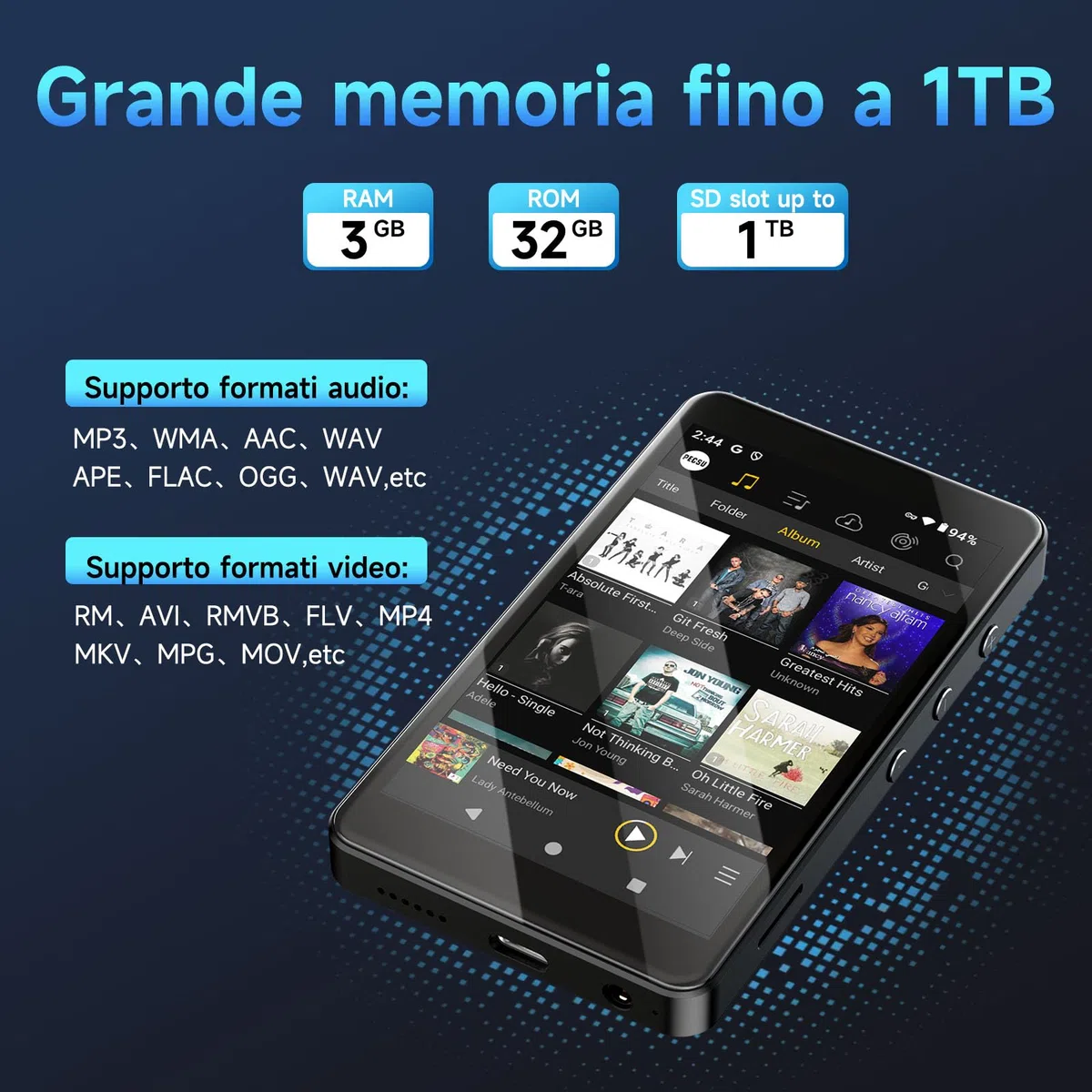 Lettore MP3 Android 14 con Spotify, Play Store, Amazon Music, Audible, Libby, lettore musicale MP4 con touch screen da 4" per bambini con controllo parentale, modalità Eye-Care (Nero lucido)