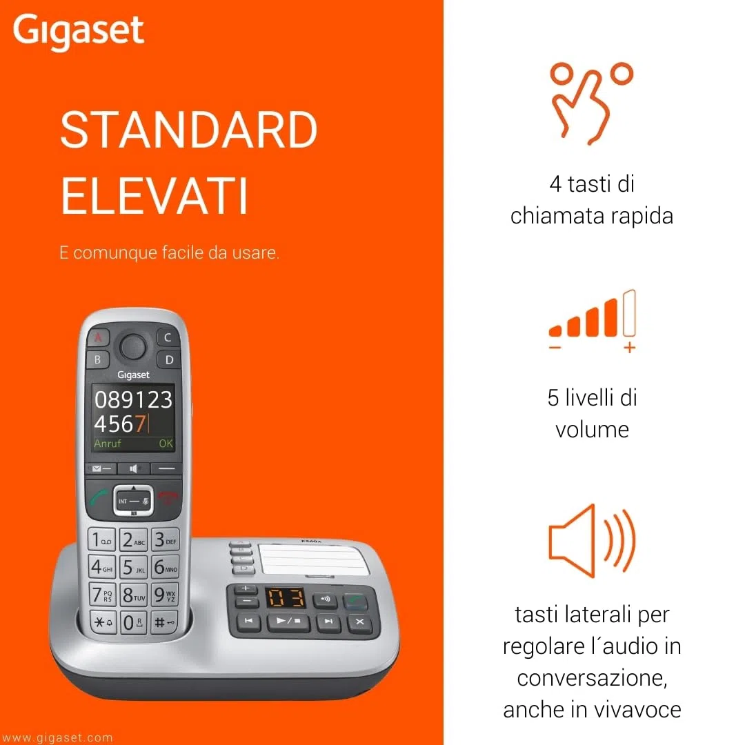 Gigaset E560A - Telefono Cordless DECT con Segreteria, Tasti Grandi, Numeri sul Display Grandi, Tastiera Illuminata, Suonerie e Audio Potenziato, Tasto SOS, Grigio [Versione Italiana]