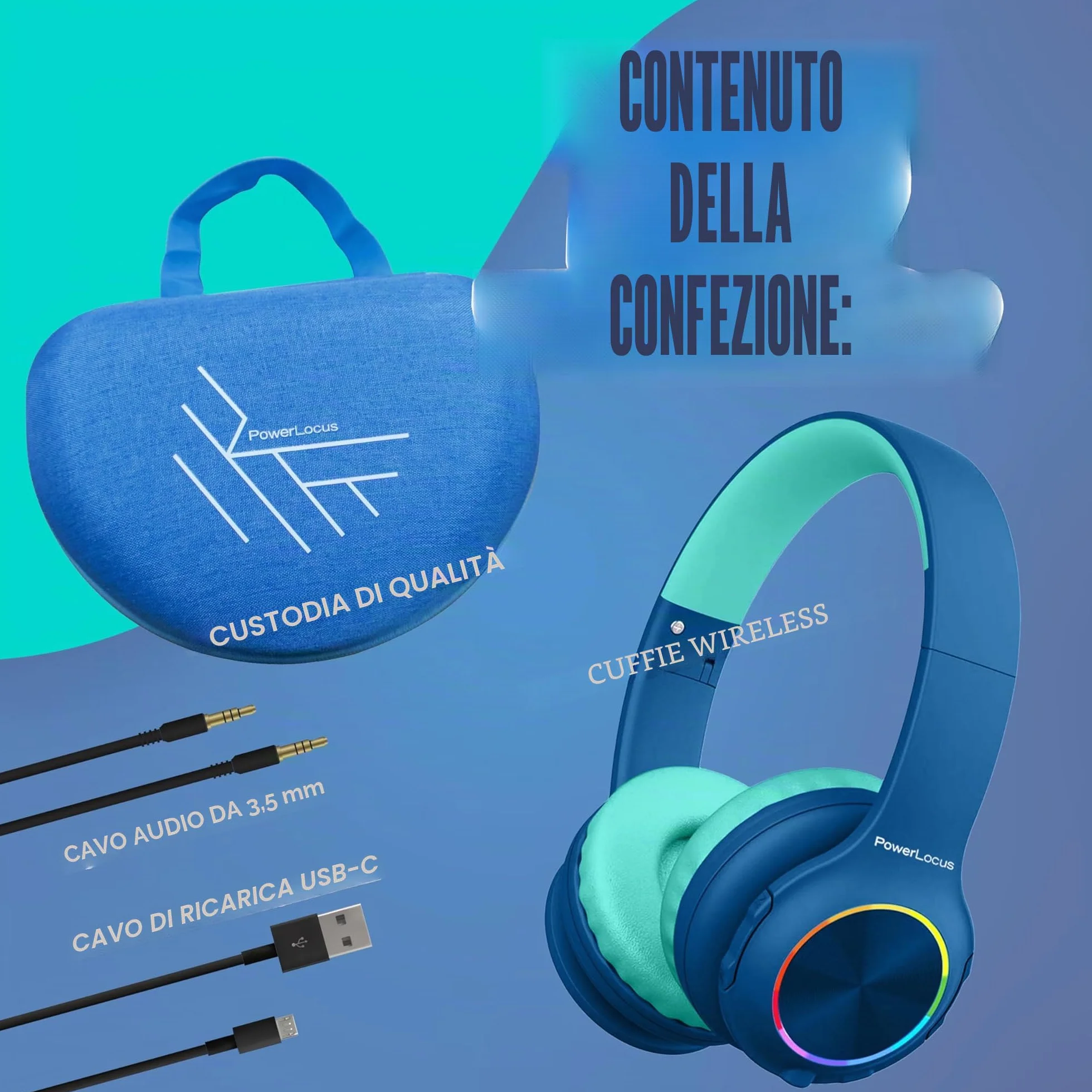 PowerLocus Cuffie Bluetooth pieghevoli senza fili per bambini con luci LED, HD Stereo, USB-C Ricarica Rapida, Micro integrato, SD Modalità e cablata per iPhone/Tablet/TV