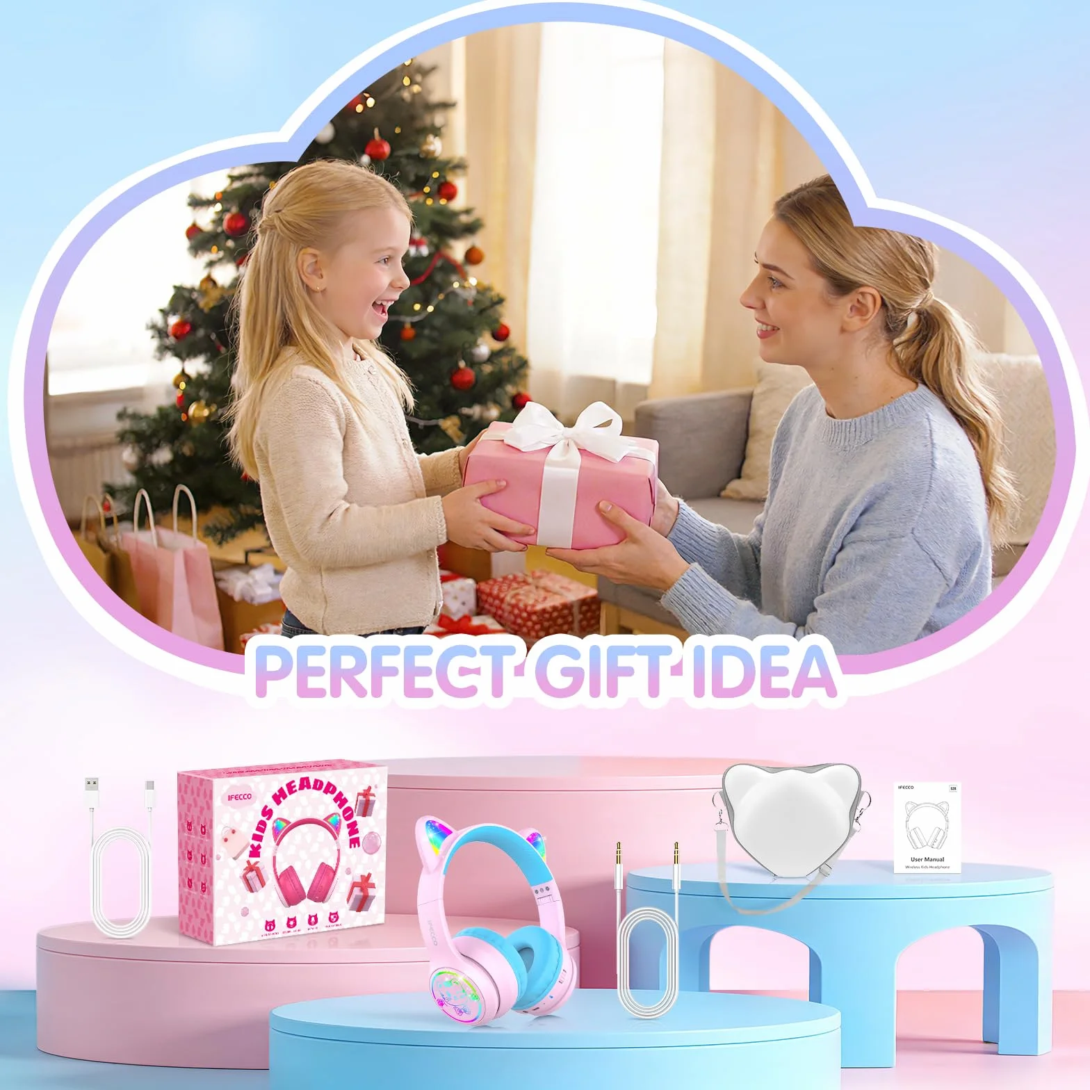 IFECCO Cuffie Bluetooth per bambini senza fili con custodia – Cuffie over-ear con luci LED, orecchie da gatto, limitazione del volume a 85 dBA, microfono integrato, compatibili con iPad/tablet/scuola