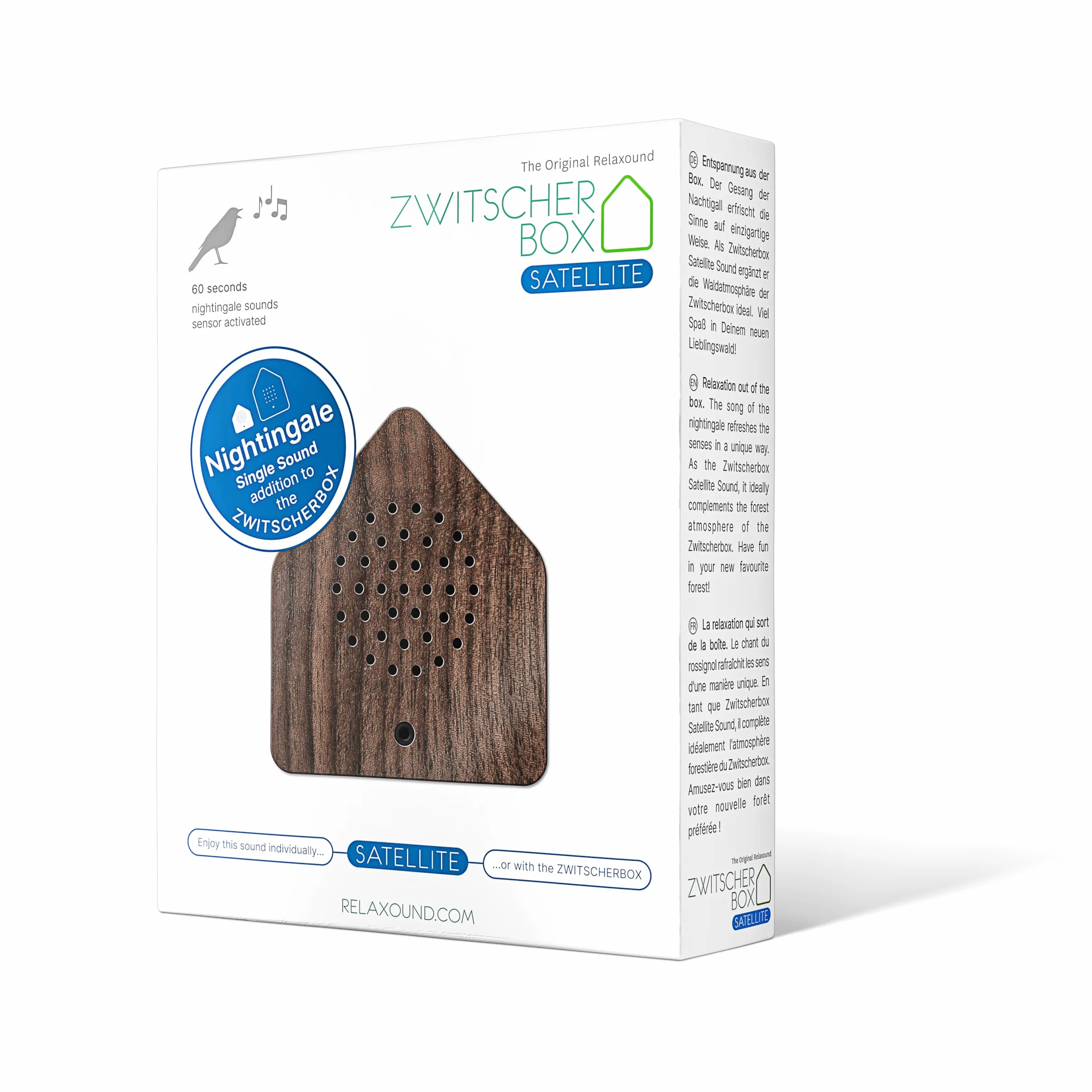 RELAXOUND Zwitscherbox Satellite Nightingale Noce – Moderna scatola canto degli uccelli – Rilassante canto degli uccelli – Rilevatore di movimento con suono – Soundbox