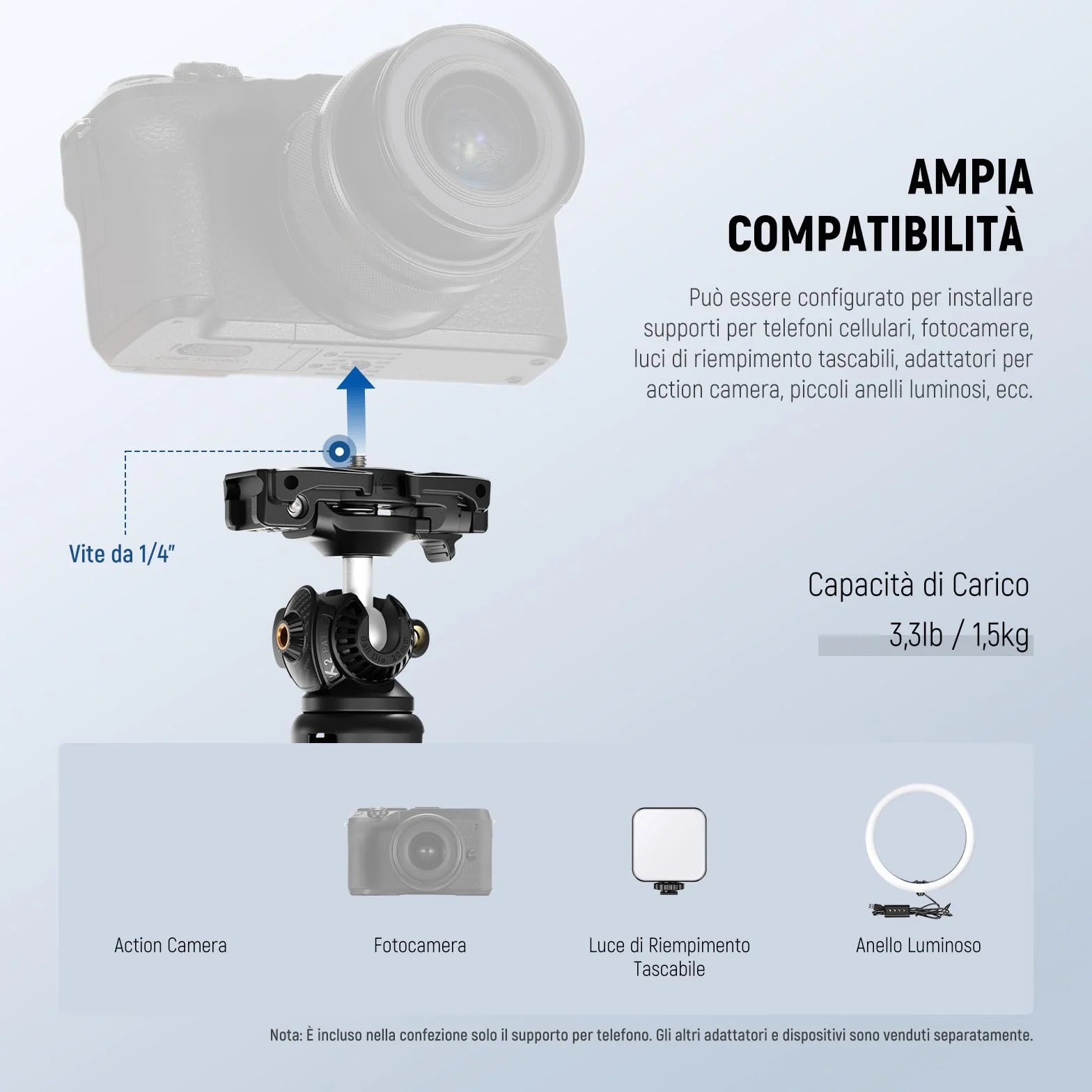 NEEWER TP38 Treppiede Fotocamera Smartphone Selfie Stick con Porta Cellulare Adattatore Action Cam Compatibile con iPhone GoPro, Mini Tripod Supporto Viaggio con Panno Pulizia per Vlog Riprese Video