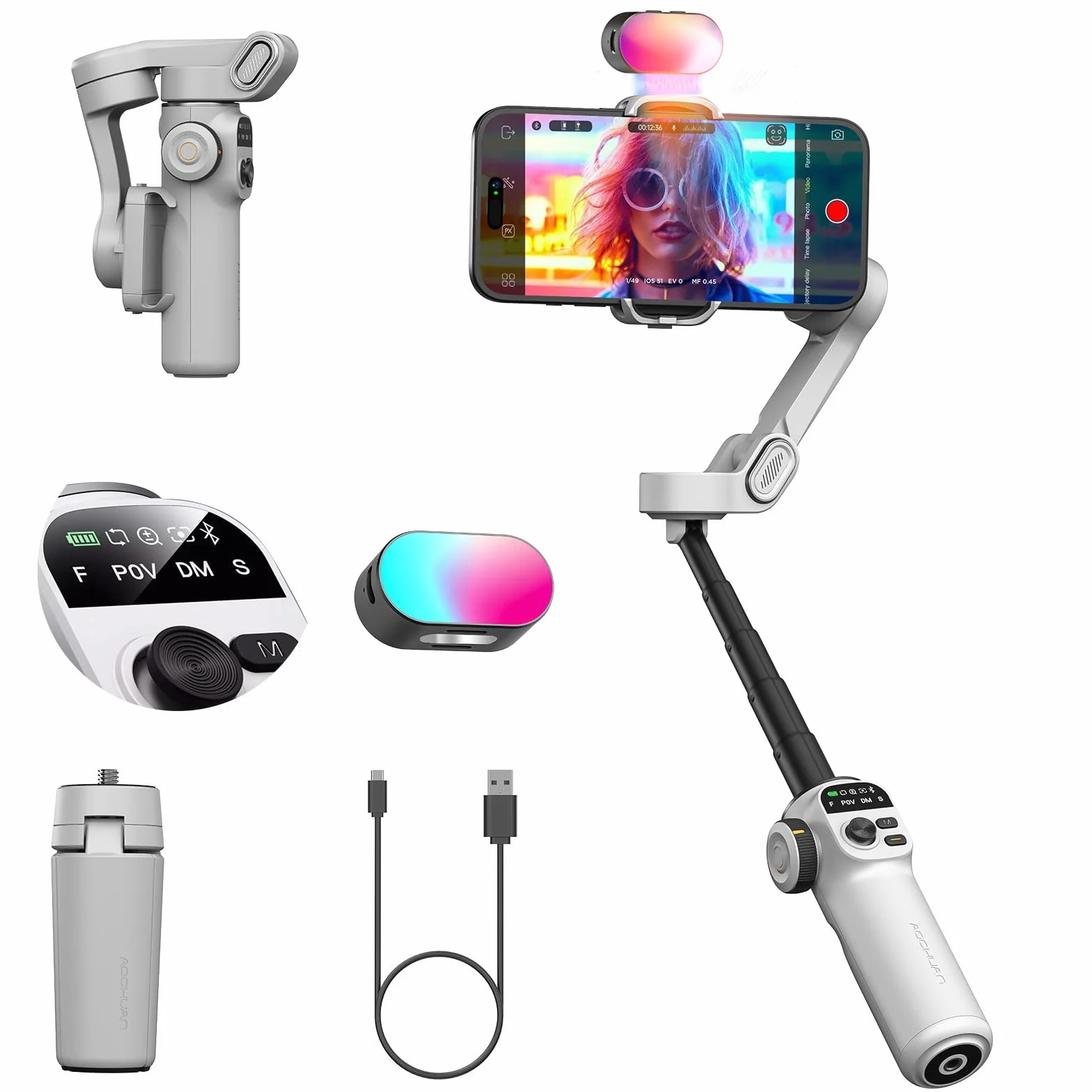 AOCHUAN Smart X2 Stabilizzatore cardanico per smartphone a 3 assi con luce di riempimento RGB, asta di prolunga integrata, cardano con schermo OLED per registrazione video su iPhone, X2 KIT bianco