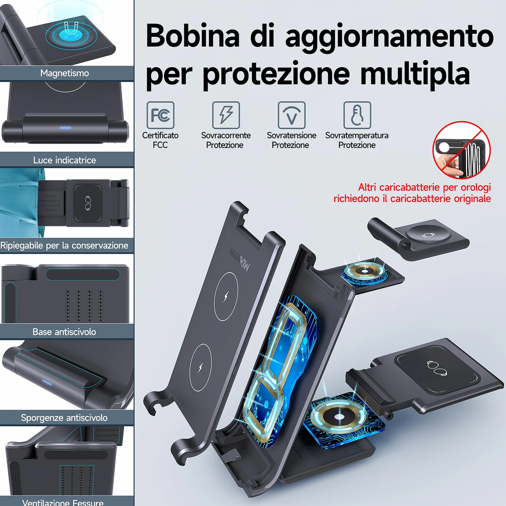 Stazione Ricarica per Samsung, MANKIW Pieghevole 3 in 1 Base Ricarica Wireless per Samsung S25/S24/S23/S22/S21/S20, Z Fold 6/5/4/3, Note20/10 Ultra, Watch 7/6/5/4/3/Active, Buds2/+/Pro/Live